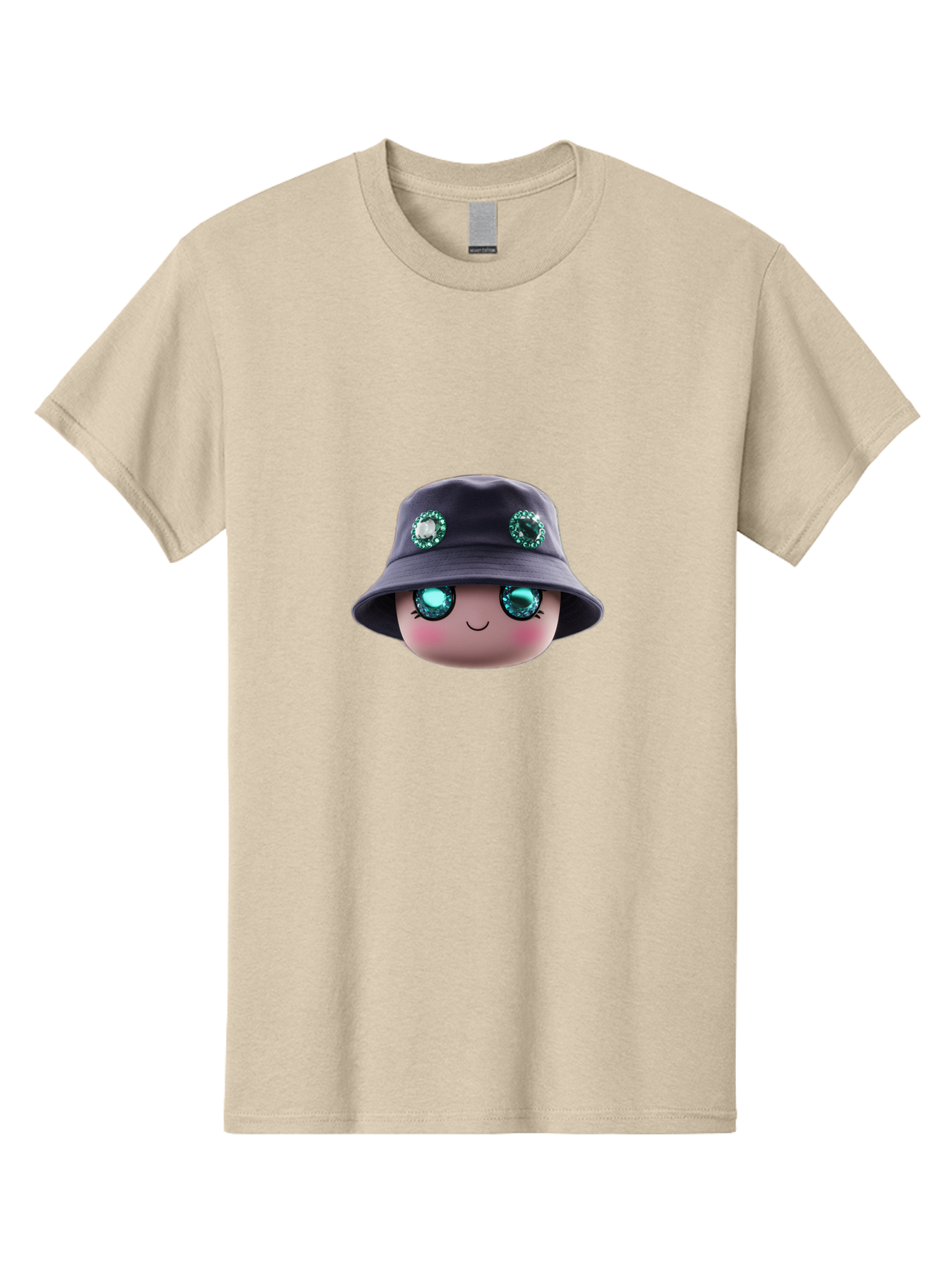 Emoji-Hat Men'S Graphic Tee, 100% Cotton, Comfortable Casual Summer Wear, Machine Washable, Cartoon Doll, Blue Eyes, Gem Eyes, Bucket Hat, Rhinestone Decorations, Cute Face, Sweet Smile, Rosy Cheeks, Whimsical Character, 3D Illustration Bad079