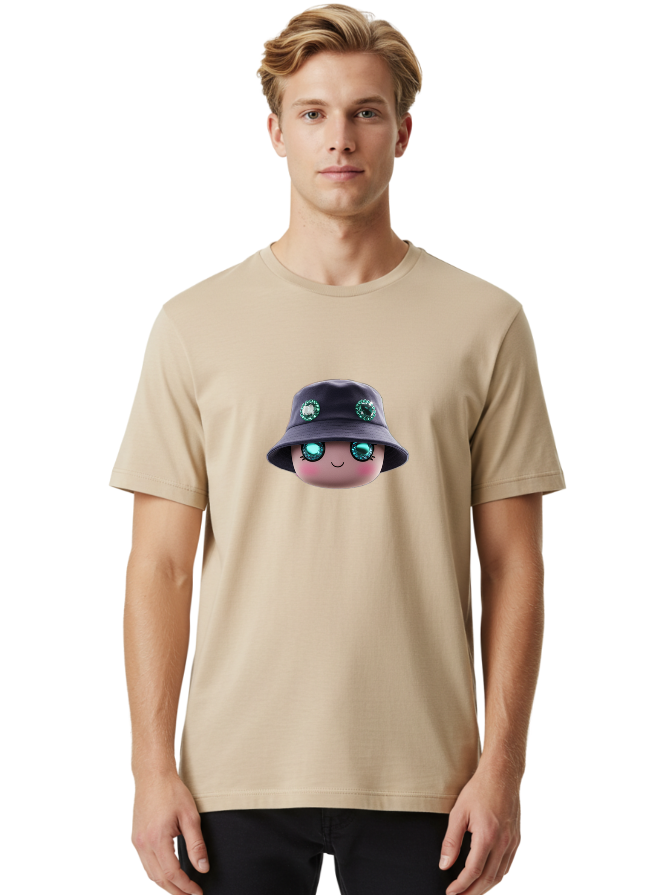 Emoji-Hat Men'S Graphic Tee, 100% Cotton, Comfortable Casual Summer Wear, Machine Washable, Cartoon Doll, Blue Eyes, Gem Eyes, Bucket Hat, Rhinestone Decorations, Cute Face, Sweet Smile, Rosy Cheeks, Whimsical Character, 3D Illustration Bad079