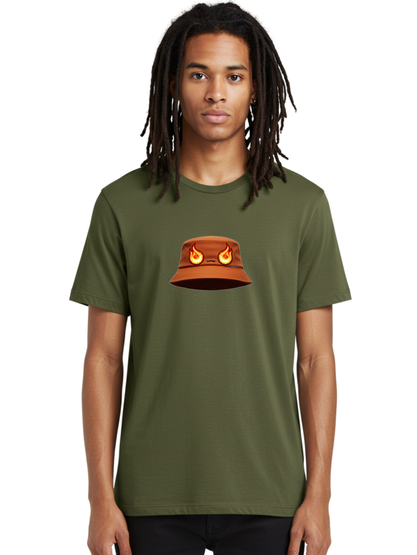 Face-Bucket-Hat Men'S Graphic Tee, 100% Cotton, Comfortable Casual Summer Wear, Machine Washable, Burning Eyes, Fiery Stare, Orange Flames, Yellow Flames, Red Flames, Fashion Hat, Streetwear, Trendy Accessory, Bold Design, Eye-Catching Bad080
