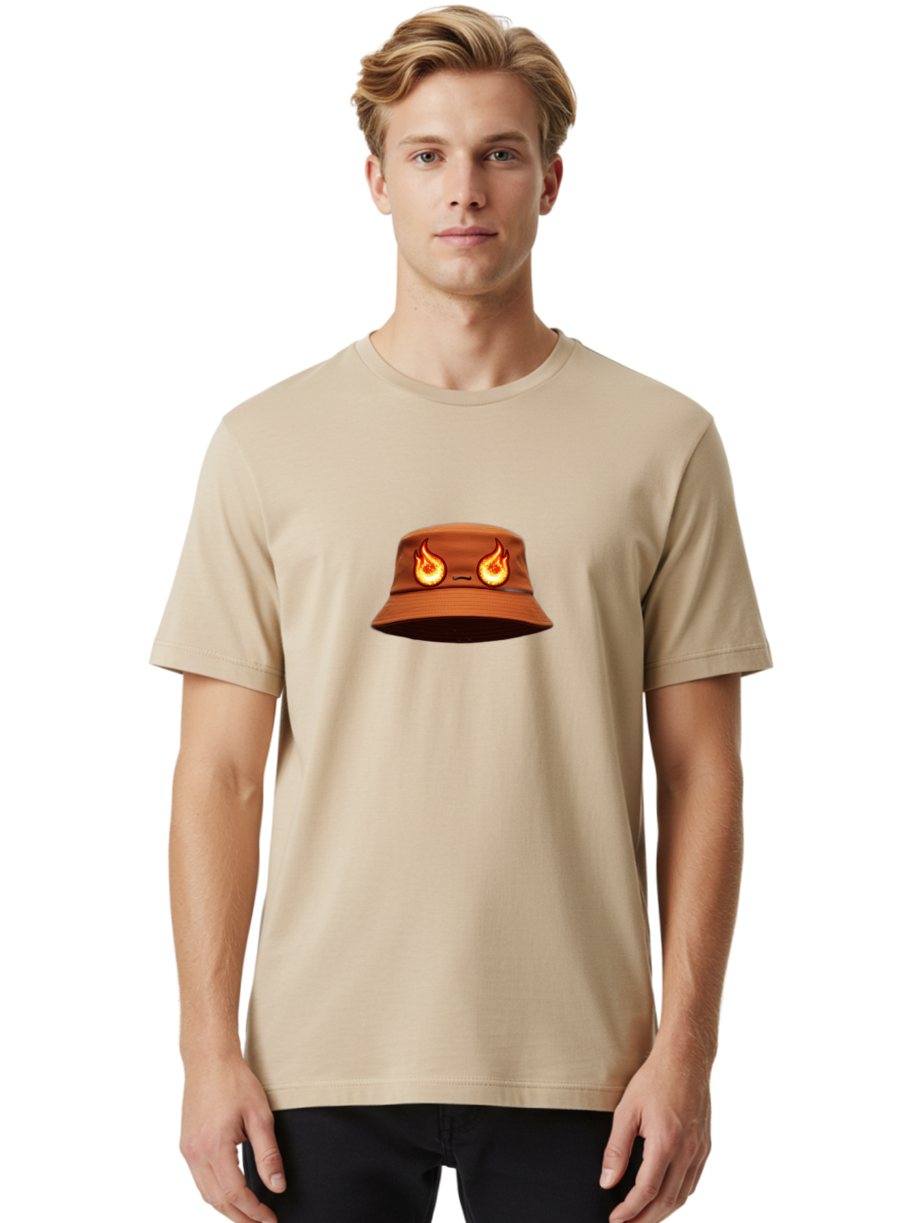 Face-Bucket-Hat Men'S Graphic Tee, 100% Cotton, Comfortable Casual Summer Wear, Machine Washable, Burning Eyes, Fiery Stare, Orange Flames, Yellow Flames, Red Flames, Fashion Hat, Streetwear, Trendy Accessory, Bold Design, Eye-Catching Bad080