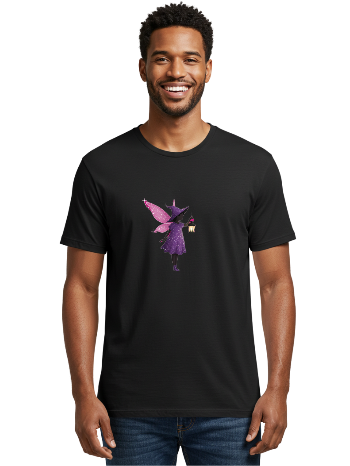 Fairy-Witch Men'S Graphic Tee, 100% Cotton, Comfortable Casual Summer Wear, Machine Washable, Fairy With Lantern, Magical Creature, Fantasy Art, Whimsical Design, Mystical Being, Purple Dress, Pink Wings, Sparkly Details, Lantern In Hand Bad082