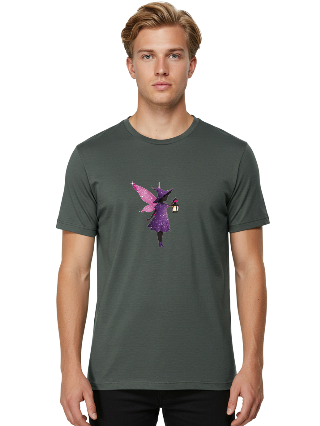 Fairy-Witch Men'S Graphic Tee, 100% Cotton, Comfortable Casual Summer Wear, Machine Washable, Fairy With Lantern, Magical Creature, Fantasy Art, Whimsical Design, Mystical Being, Purple Dress, Pink Wings, Sparkly Details, Lantern In Hand Bad082