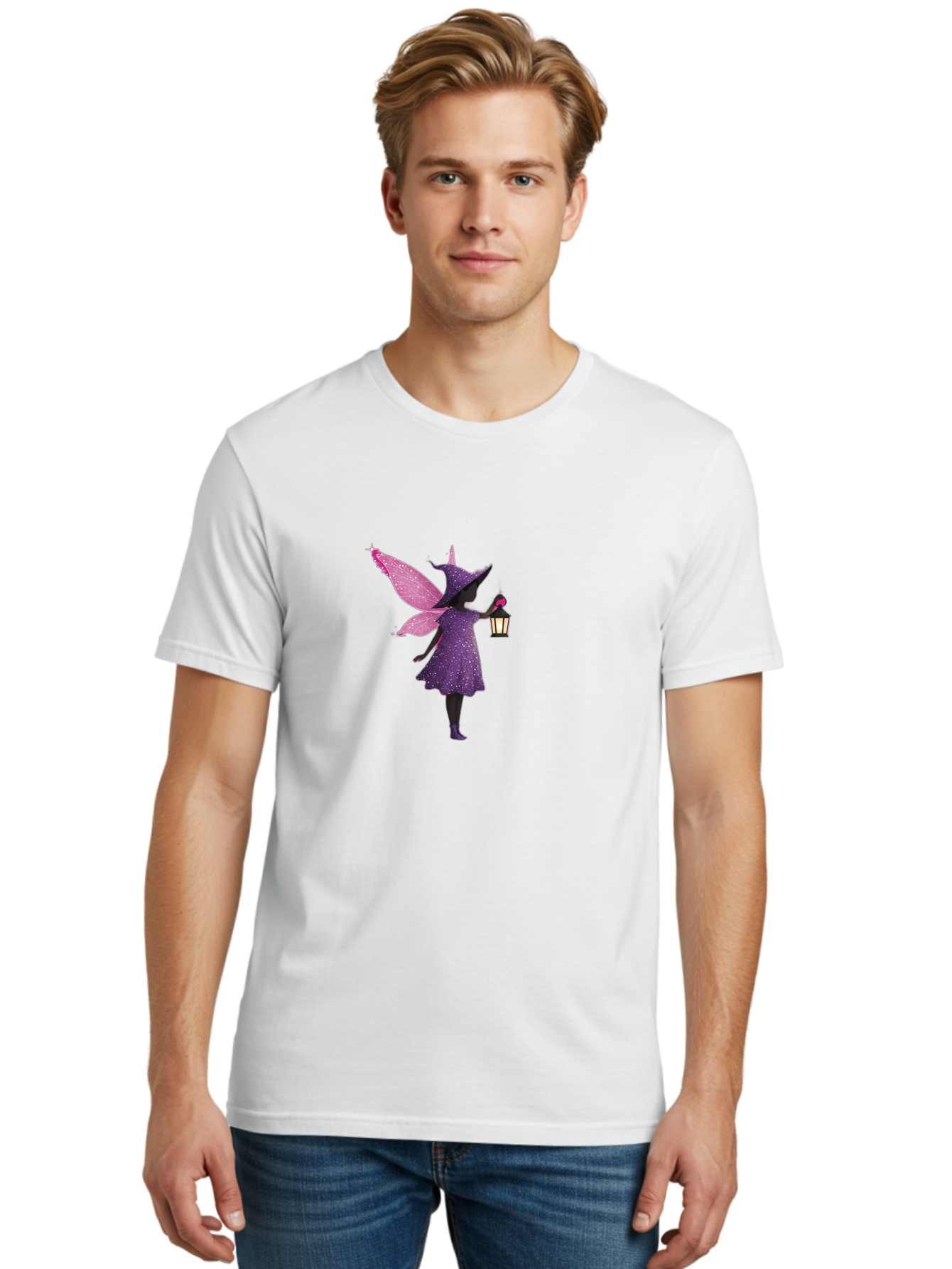 Fairy-Witch Men'S Graphic Tee, 100% Cotton, Comfortable Casual Summer Wear, Machine Washable, Fairy With Lantern, Magical Creature, Fantasy Art, Whimsical Design, Mystical Being, Purple Dress, Pink Wings, Sparkly Details, Lantern In Hand Bad082