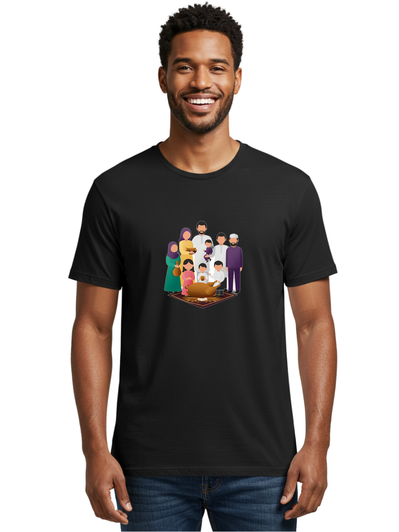Family-Gathering-Around-Roasted-Lamb Men'S Graphic Tee, 100% Cotton, Comfortable Casual Summer Wear, Machine Washable, Family Gathering, Islamic Celebration, Eid Al-Adha, Traditional Clothing, Sacrificial Lamb, Joyful Moments, Family Bonding, Bad083