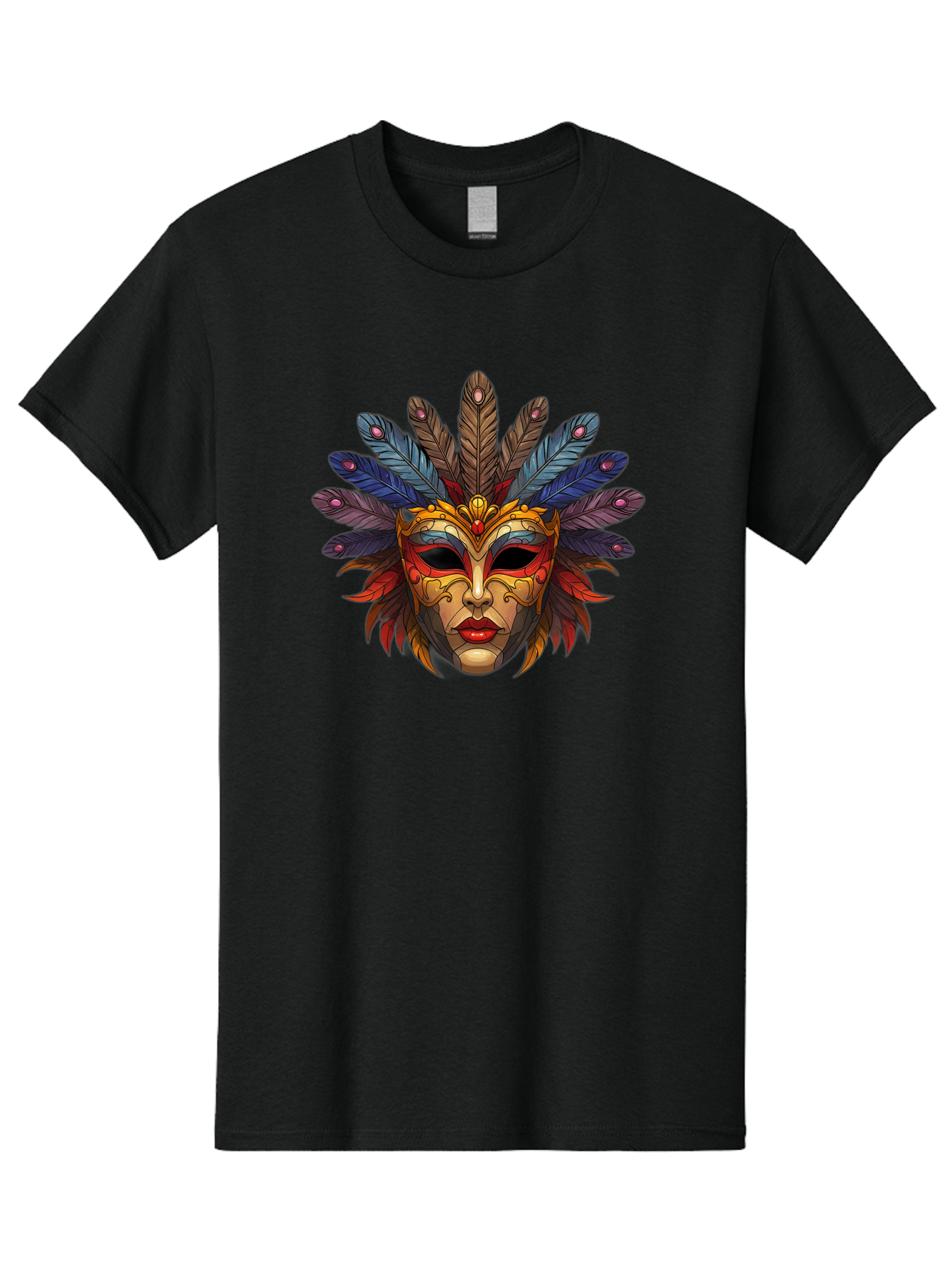Feathered-Mask Men'S Graphic Tee, 100% Cotton, Comfortable Casual Summer Wear, Machine Washable, Tribal Mask, Feather Headdress, Colorful Design, Red Lips, Black Eyes, Bold Patterns, Vibrant Colors, Cultural Heritage, Traditional Art Bad084