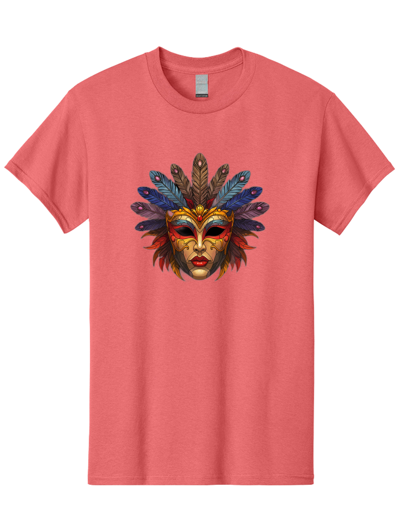 Feathered-Mask Men'S Graphic Tee, 100% Cotton, Comfortable Casual Summer Wear, Machine Washable, Tribal Mask, Feather Headdress, Colorful Design, Red Lips, Black Eyes, Bold Patterns, Vibrant Colors, Cultural Heritage, Traditional Art Bad084