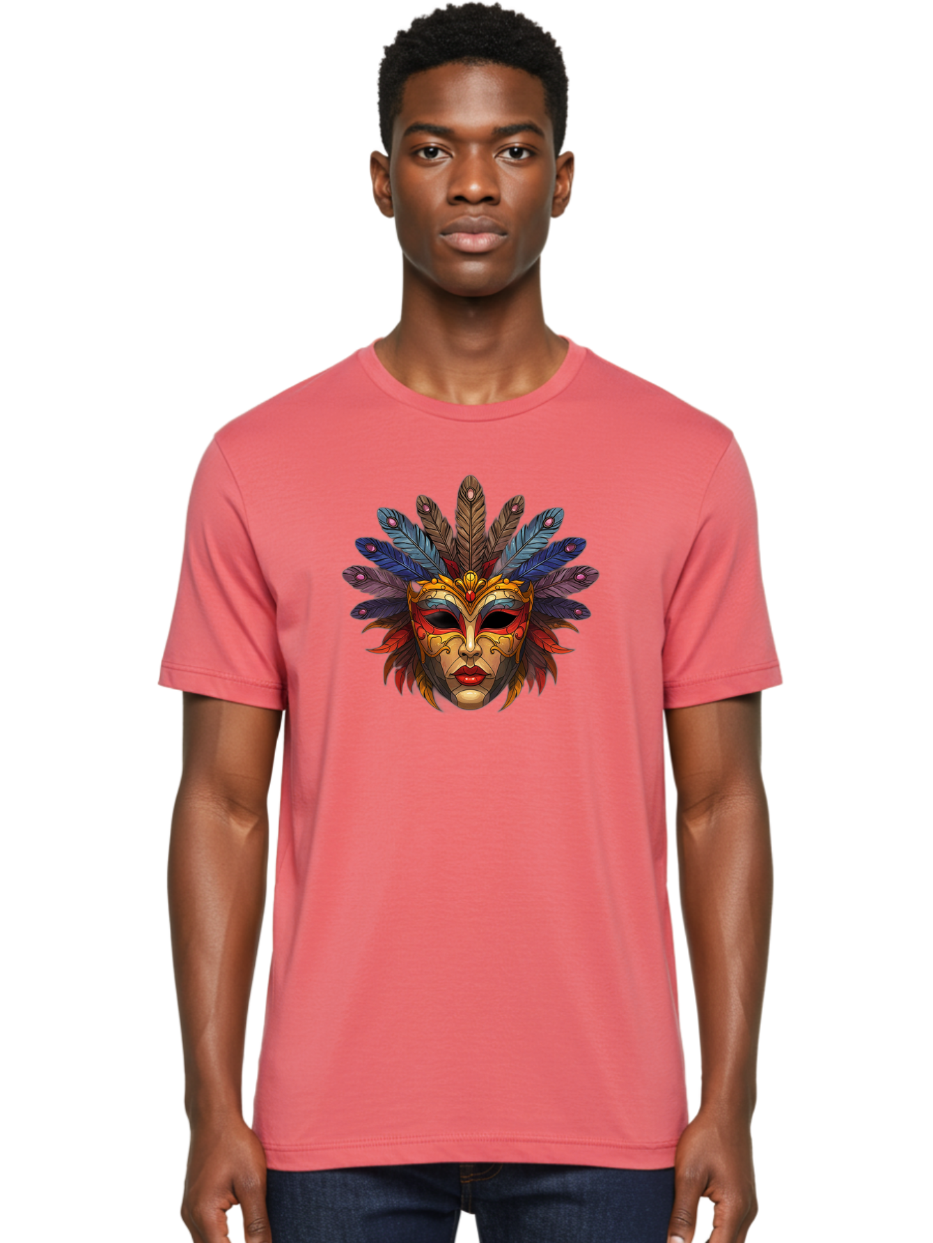 Feathered-Mask Men'S Graphic Tee, 100% Cotton, Comfortable Casual Summer Wear, Machine Washable, Tribal Mask, Feather Headdress, Colorful Design, Red Lips, Black Eyes, Bold Patterns, Vibrant Colors, Cultural Heritage, Traditional Art Bad084