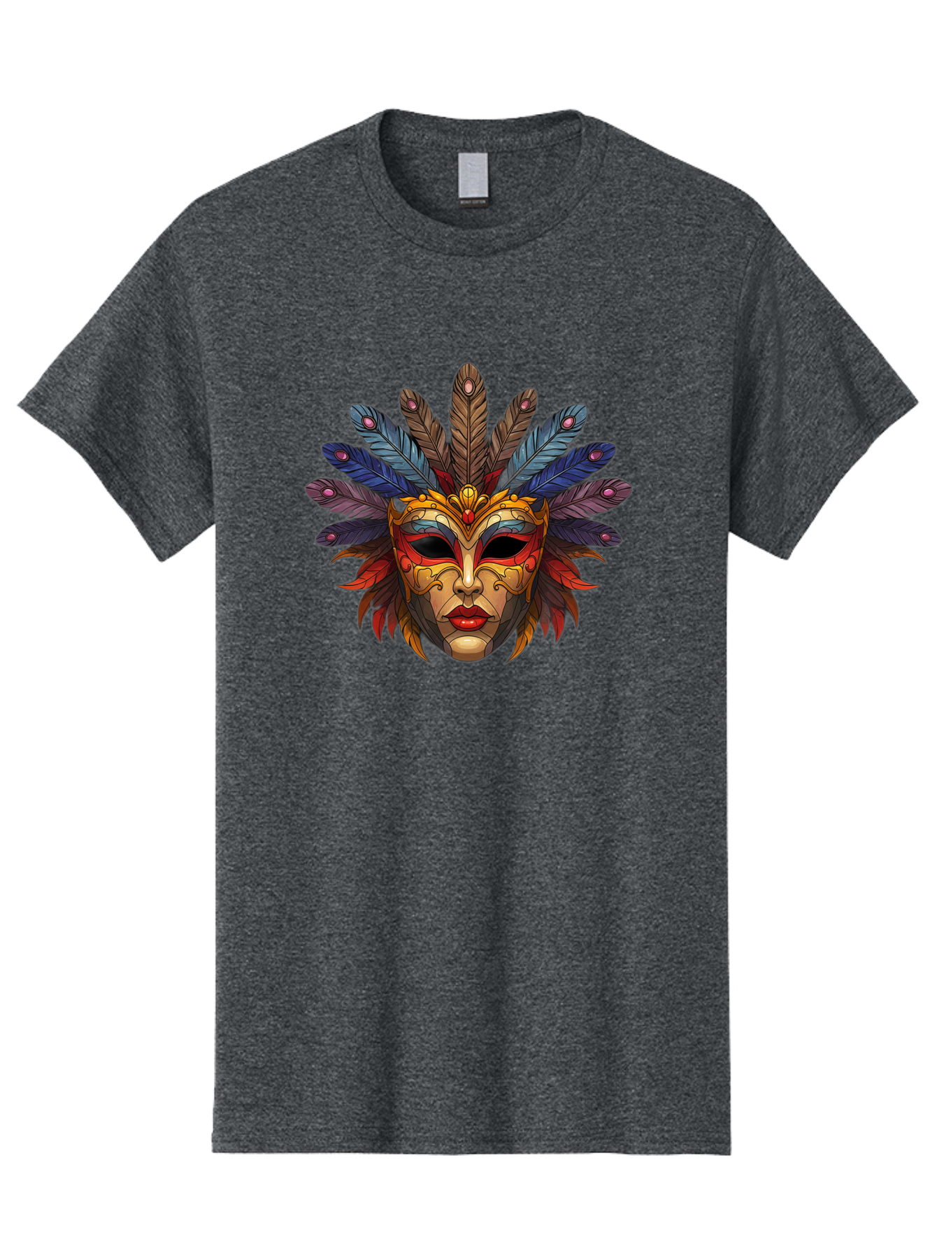 Feathered-Mask Men'S Graphic Tee, 100% Cotton, Comfortable Casual Summer Wear, Machine Washable, Tribal Mask, Feather Headdress, Colorful Design, Red Lips, Black Eyes, Bold Patterns, Vibrant Colors, Cultural Heritage, Traditional Art Bad084
