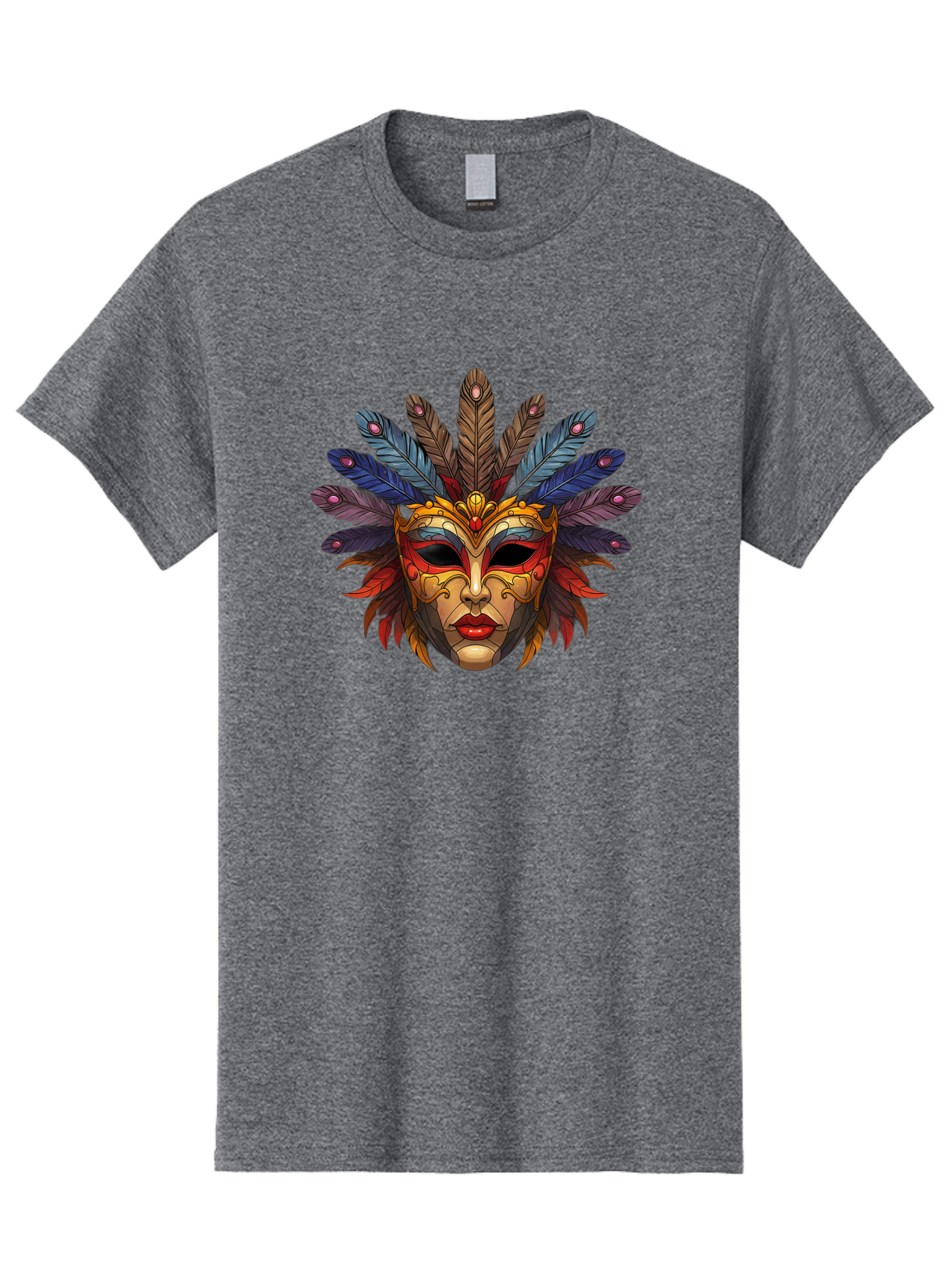 Feathered-Mask Men'S Graphic Tee, 100% Cotton, Comfortable Casual Summer Wear, Machine Washable, Tribal Mask, Feather Headdress, Colorful Design, Red Lips, Black Eyes, Bold Patterns, Vibrant Colors, Cultural Heritage, Traditional Art Bad084