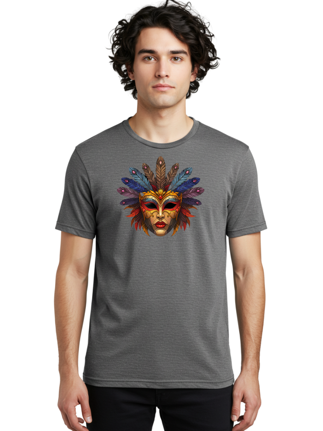 Feathered-Mask Men'S Graphic Tee, 100% Cotton, Comfortable Casual Summer Wear, Machine Washable, Tribal Mask, Feather Headdress, Colorful Design, Red Lips, Black Eyes, Bold Patterns, Vibrant Colors, Cultural Heritage, Traditional Art Bad084