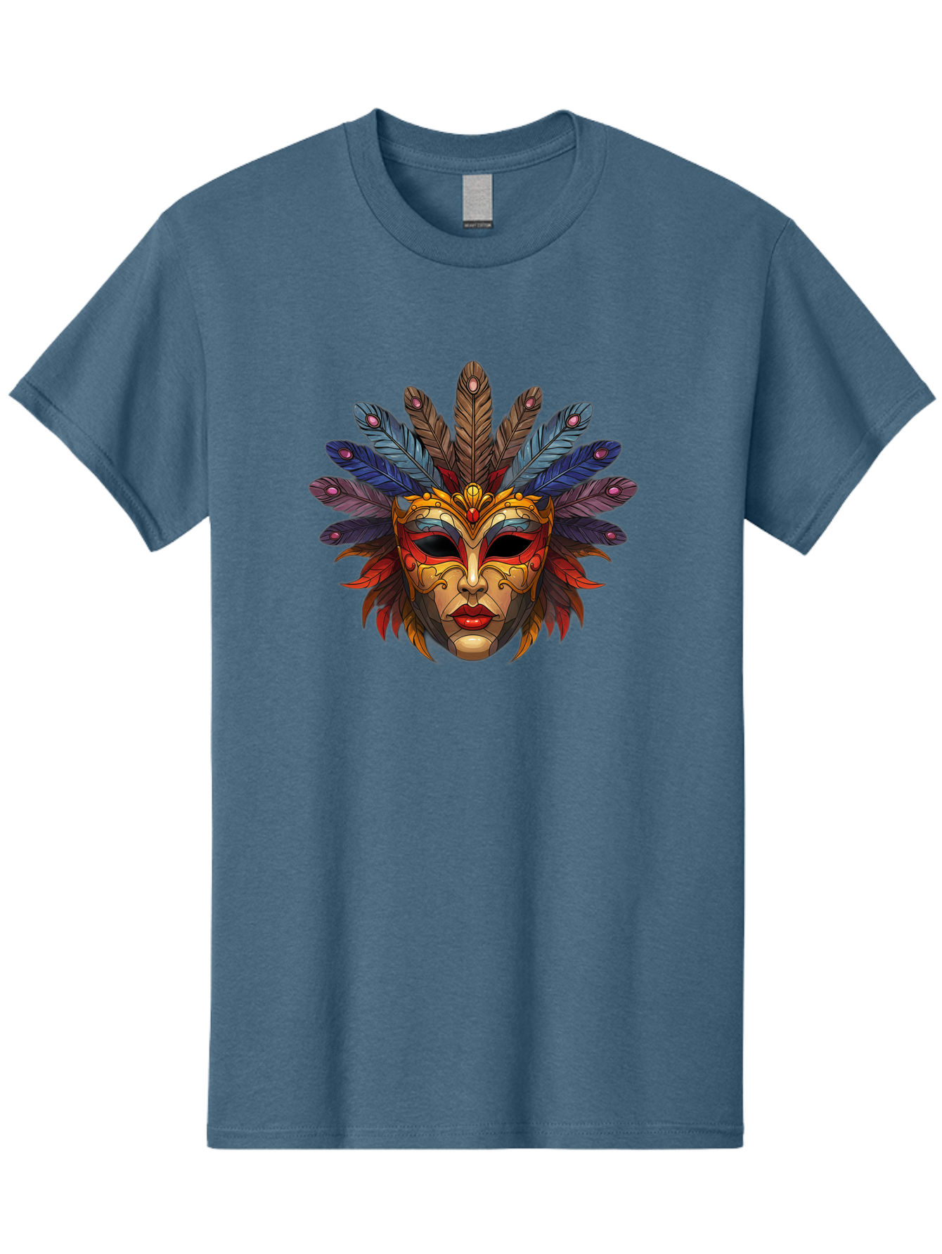 Feathered-Mask Men'S Graphic Tee, 100% Cotton, Comfortable Casual Summer Wear, Machine Washable, Tribal Mask, Feather Headdress, Colorful Design, Red Lips, Black Eyes, Bold Patterns, Vibrant Colors, Cultural Heritage, Traditional Art Bad084