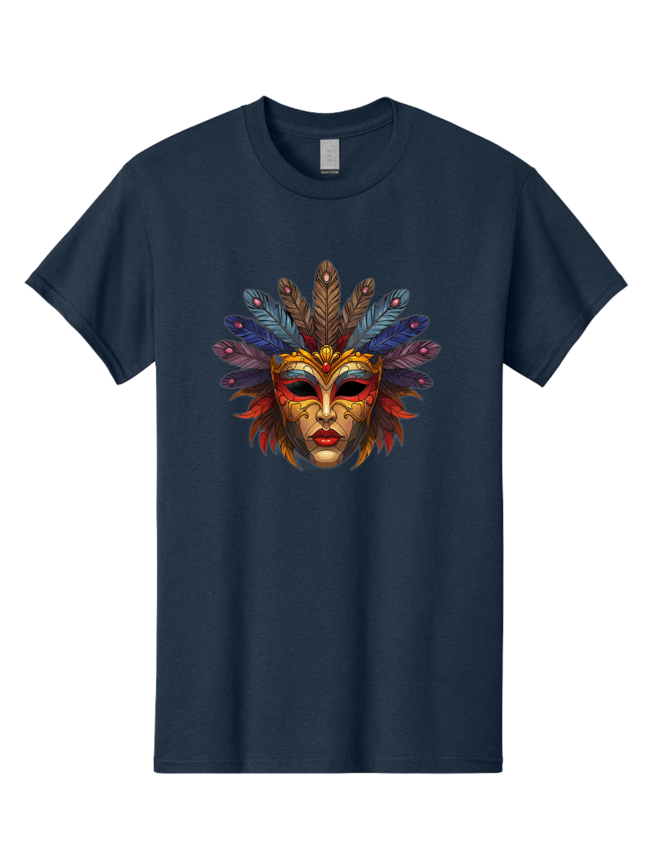 Feathered-Mask Men'S Graphic Tee, 100% Cotton, Comfortable Casual Summer Wear, Machine Washable, Tribal Mask, Feather Headdress, Colorful Design, Red Lips, Black Eyes, Bold Patterns, Vibrant Colors, Cultural Heritage, Traditional Art Bad084