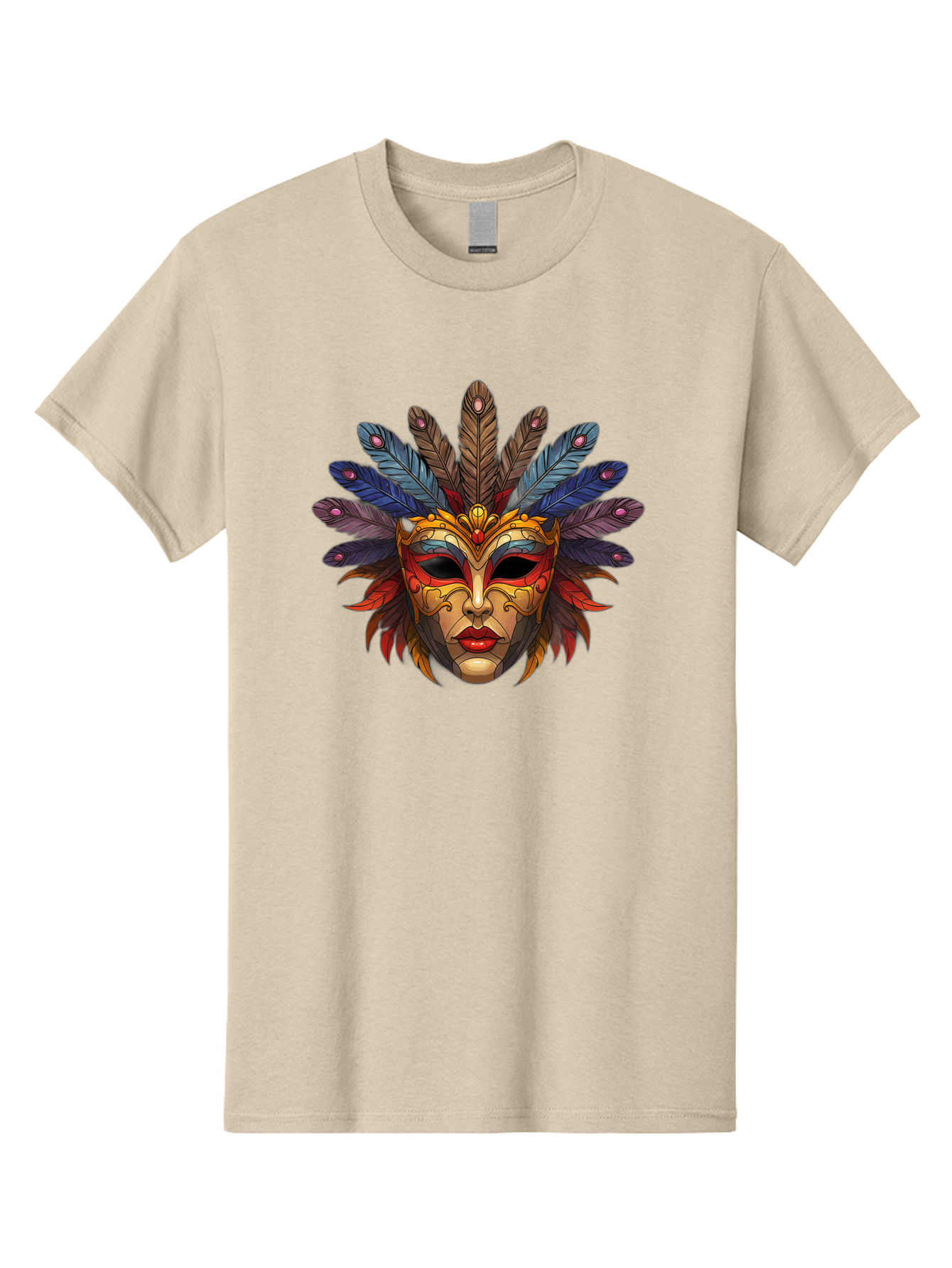 Feathered-Mask Men'S Graphic Tee, 100% Cotton, Comfortable Casual Summer Wear, Machine Washable, Tribal Mask, Feather Headdress, Colorful Design, Red Lips, Black Eyes, Bold Patterns, Vibrant Colors, Cultural Heritage, Traditional Art Bad084