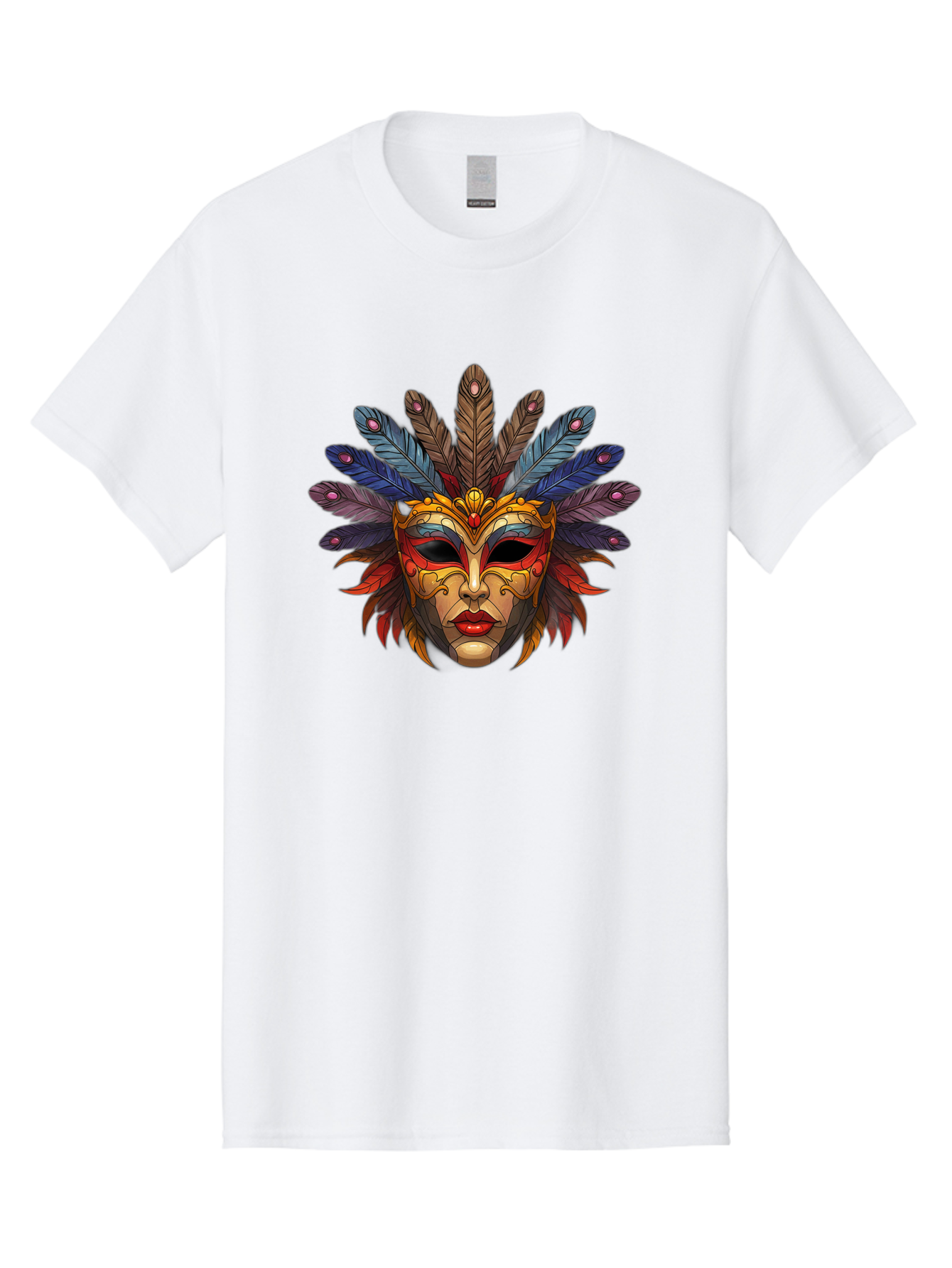 Feathered-Mask Men'S Graphic Tee, 100% Cotton, Comfortable Casual Summer Wear, Machine Washable, Tribal Mask, Feather Headdress, Colorful Design, Red Lips, Black Eyes, Bold Patterns, Vibrant Colors, Cultural Heritage, Traditional Art Bad084