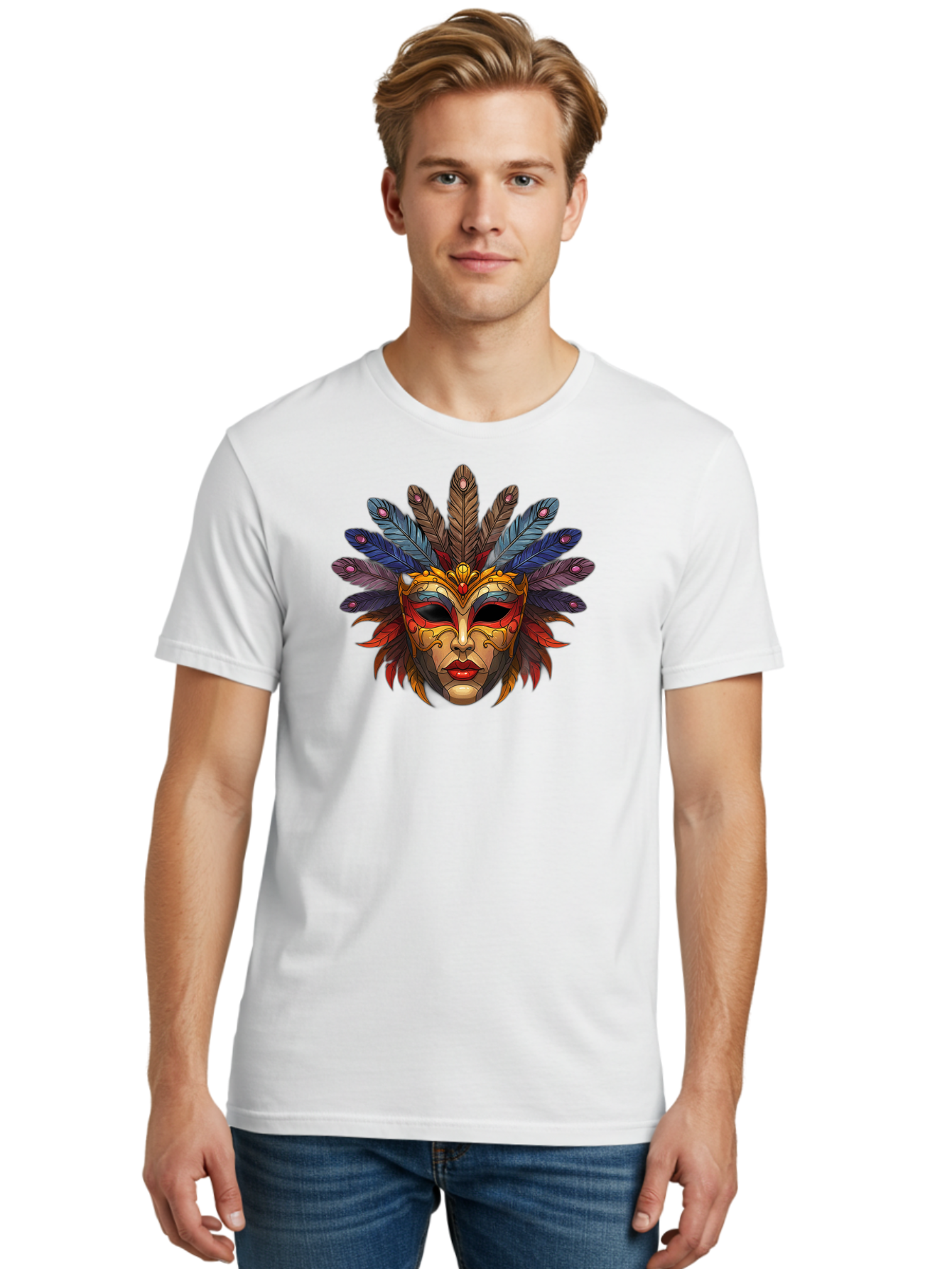 Feathered-Mask Men'S Graphic Tee, 100% Cotton, Comfortable Casual Summer Wear, Machine Washable, Tribal Mask, Feather Headdress, Colorful Design, Red Lips, Black Eyes, Bold Patterns, Vibrant Colors, Cultural Heritage, Traditional Art Bad084