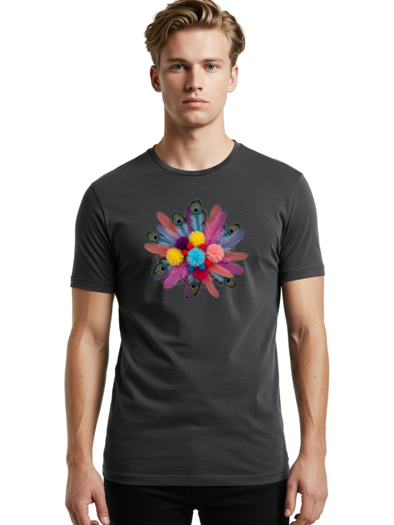 Feathers-And-Pom-Poms Men'S Graphic Tee, 100% Cotton, Comfortable Casual Summer Wear, Machine Washable, Peacock Feathers, Colorful Feathers, Decorative Arrangement, Fluffy Pompoms, Vibrant Colors, Creative Decor, Festive Atmosphere, Bad085