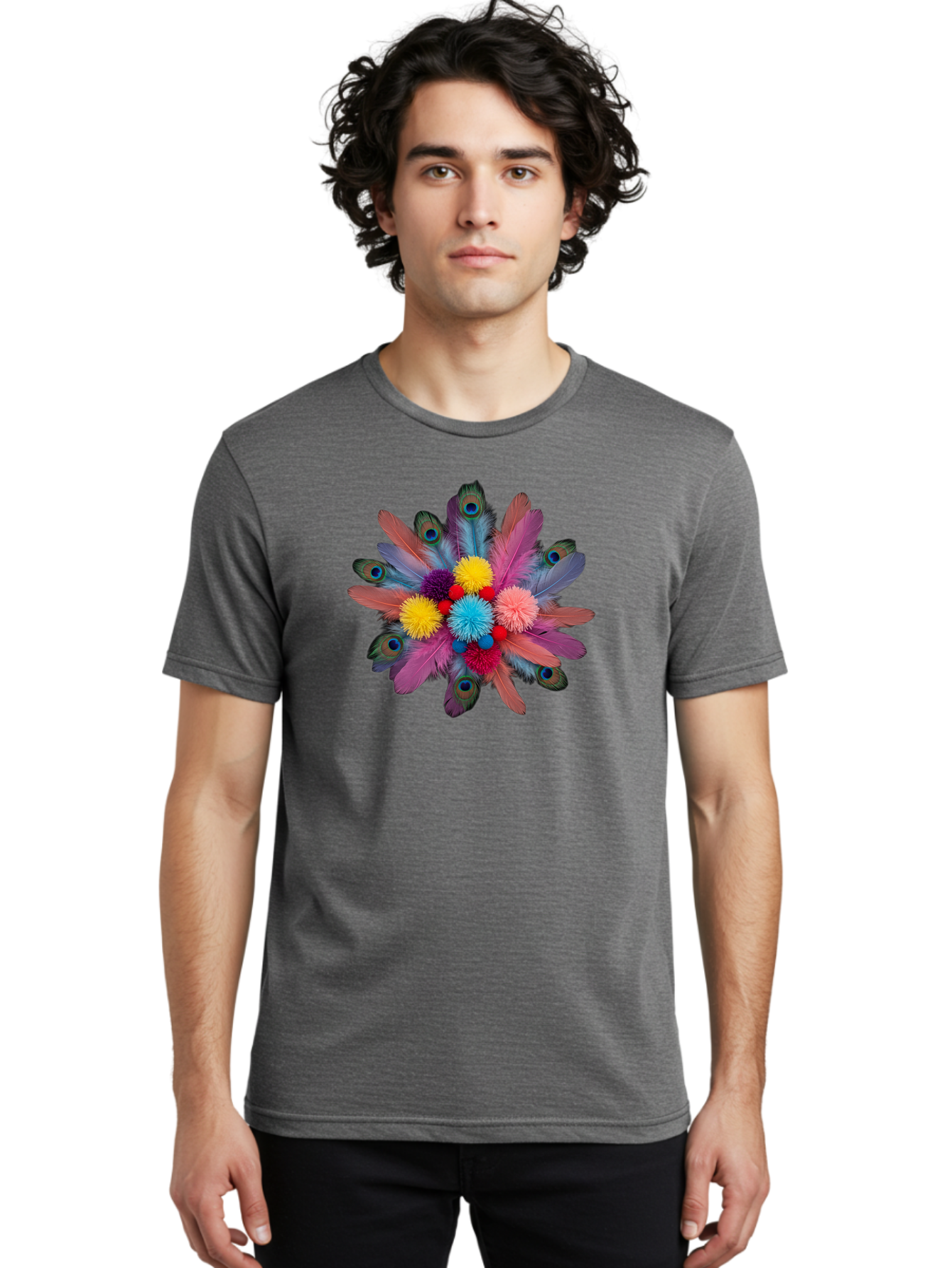 Feathers-And-Pom-Poms Men'S Graphic Tee, 100% Cotton, Comfortable Casual Summer Wear, Machine Washable, Peacock Feathers, Colorful Feathers, Decorative Arrangement, Fluffy Pompoms, Vibrant Colors, Creative Decor, Festive Atmosphere, Bad085