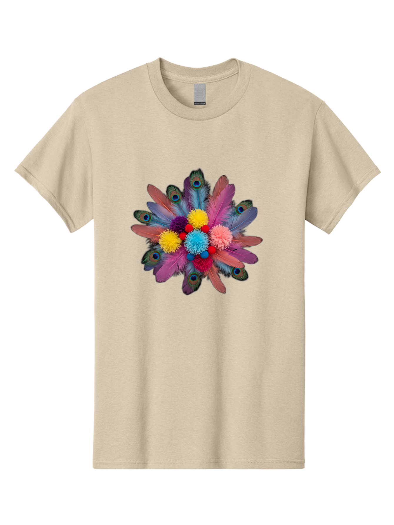 Feathers-And-Pom-Poms Men'S Graphic Tee, 100% Cotton, Comfortable Casual Summer Wear, Machine Washable, Peacock Feathers, Colorful Feathers, Decorative Arrangement, Fluffy Pompoms, Vibrant Colors, Creative Decor, Festive Atmosphere, Bad085