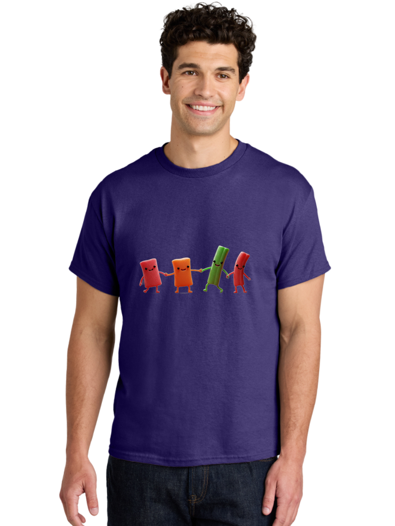 Felt-Characters-Holding-Hands Men'S Graphic Tee, 100% Cotton, Comfortable Casual Summer Wear, Machine Washable, Anthropomorphic Vegetables, Happy Faces, Holding Hands, Anthropomorphic Characters, Vegetables With Arms And Legs, Bad086