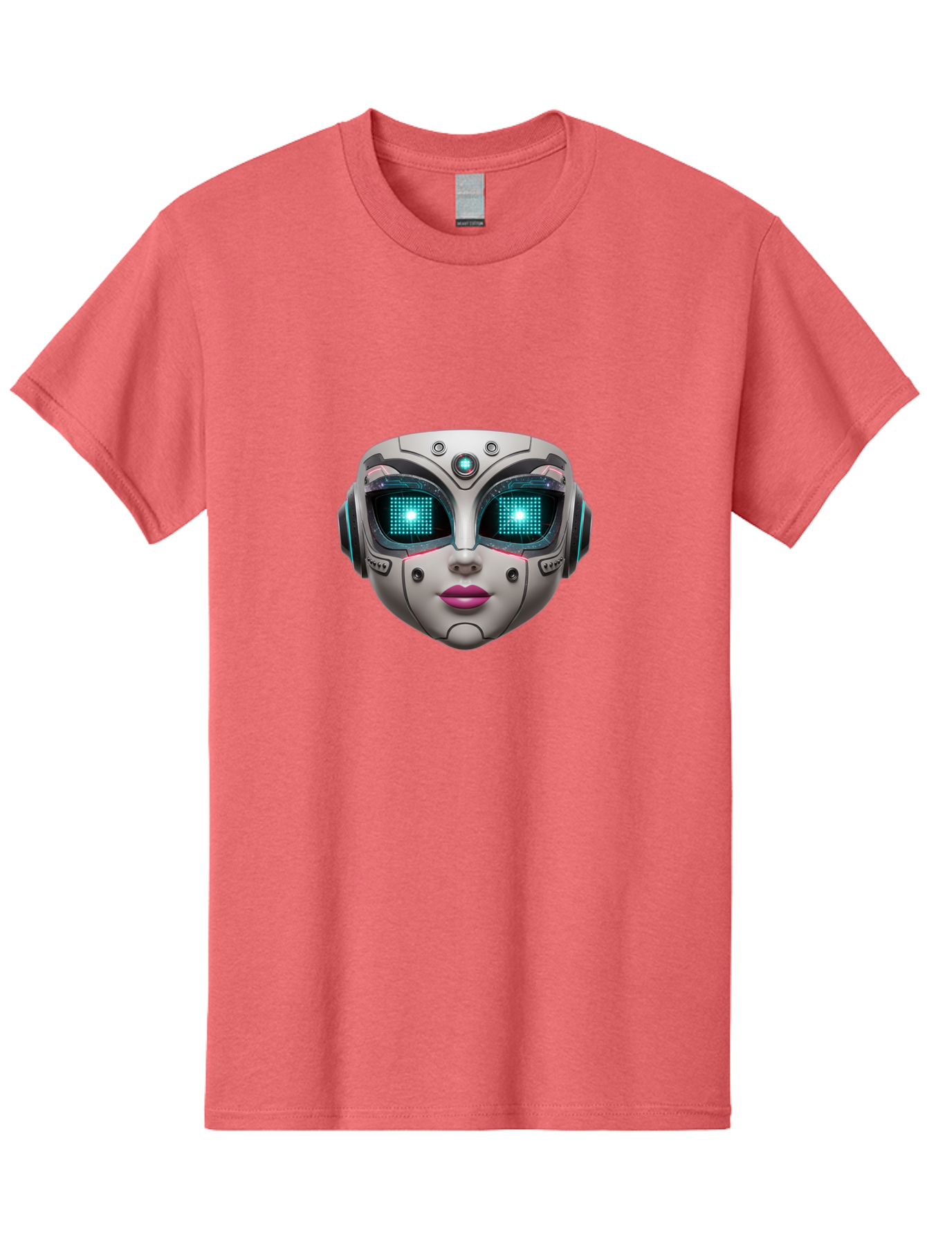Female-Robot-Head Men'S Graphic Tee, 100% Cotton, Comfortable Casual Summer Wear, Machine Washable, Robotic Face, Futuristic Design, Glowing Blue Eyes, Metallic Sheen, Tech-Savvy, Artificial Intelligence, Cybernetic Enhancements, Bad087