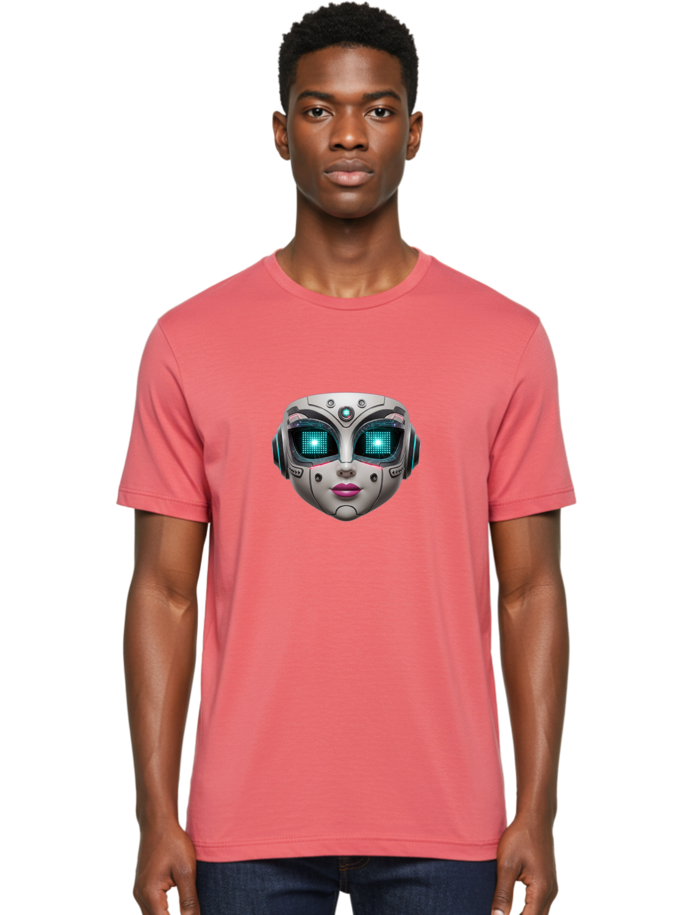 Female-Robot-Head Men'S Graphic Tee, 100% Cotton, Comfortable Casual Summer Wear, Machine Washable, Robotic Face, Futuristic Design, Glowing Blue Eyes, Metallic Sheen, Tech-Savvy, Artificial Intelligence, Cybernetic Enhancements, Bad087