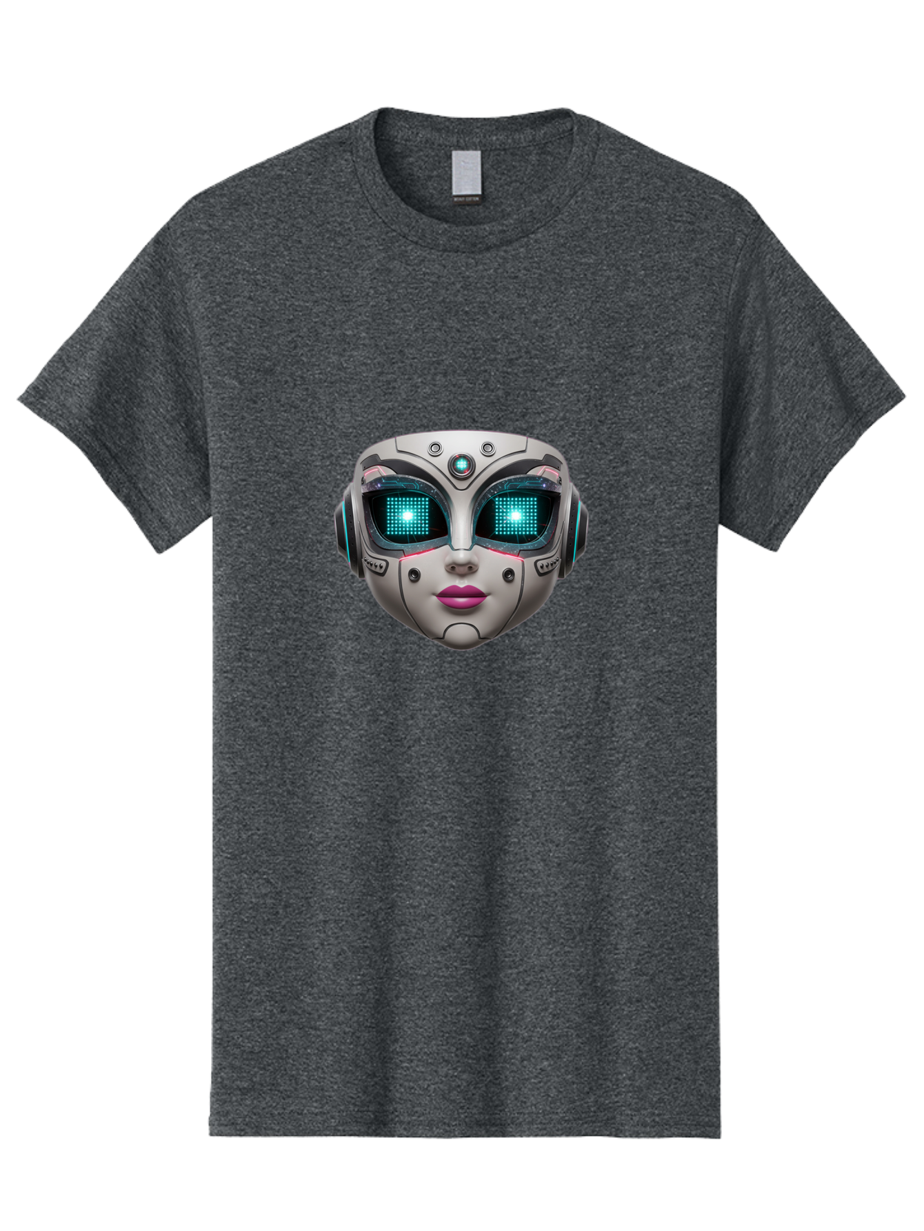 Female-Robot-Head Men'S Graphic Tee, 100% Cotton, Comfortable Casual Summer Wear, Machine Washable, Robotic Face, Futuristic Design, Glowing Blue Eyes, Metallic Sheen, Tech-Savvy, Artificial Intelligence, Cybernetic Enhancements, Bad087