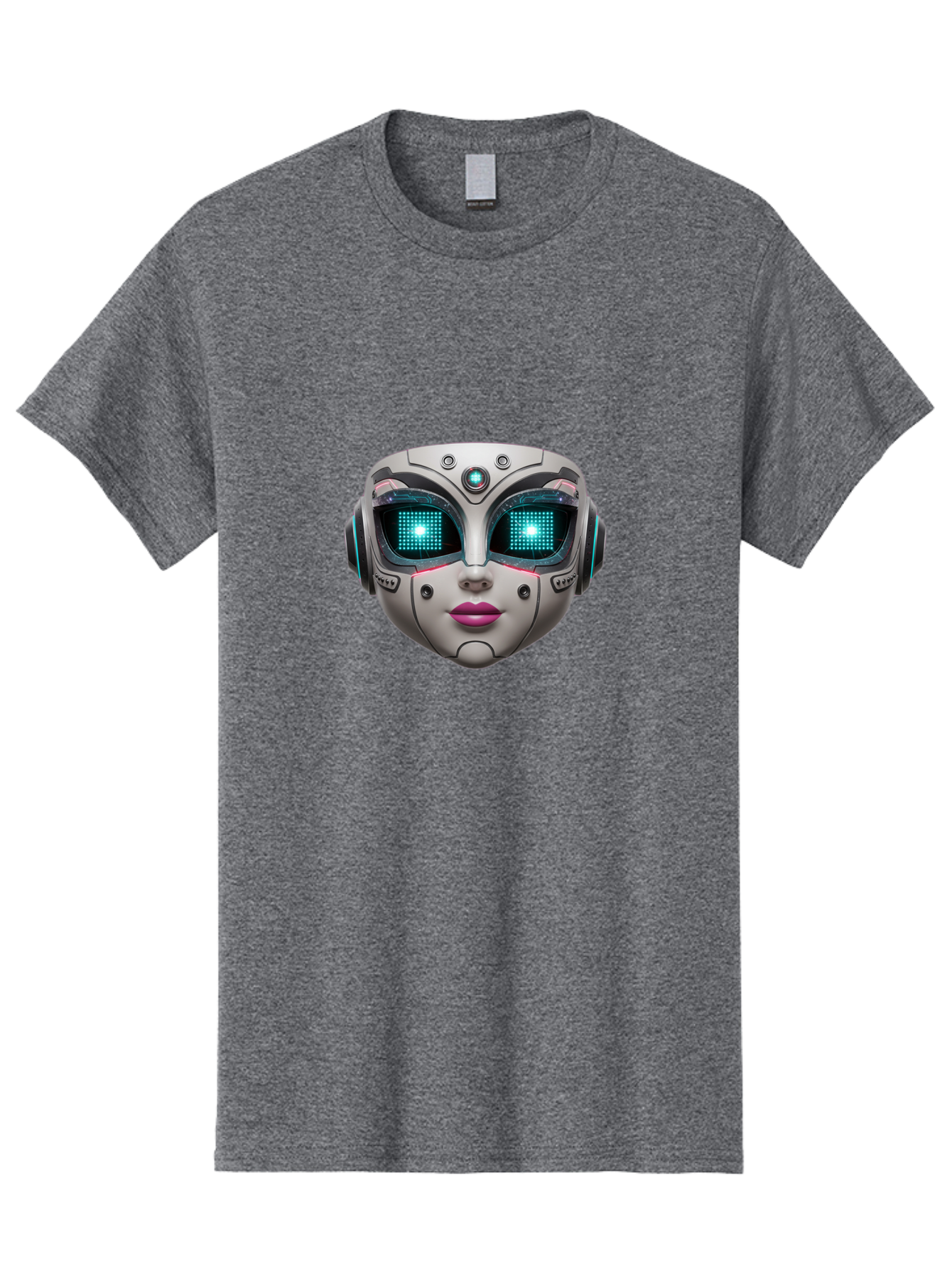 Female-Robot-Head Men'S Graphic Tee, 100% Cotton, Comfortable Casual Summer Wear, Machine Washable, Robotic Face, Futuristic Design, Glowing Blue Eyes, Metallic Sheen, Tech-Savvy, Artificial Intelligence, Cybernetic Enhancements, Bad087