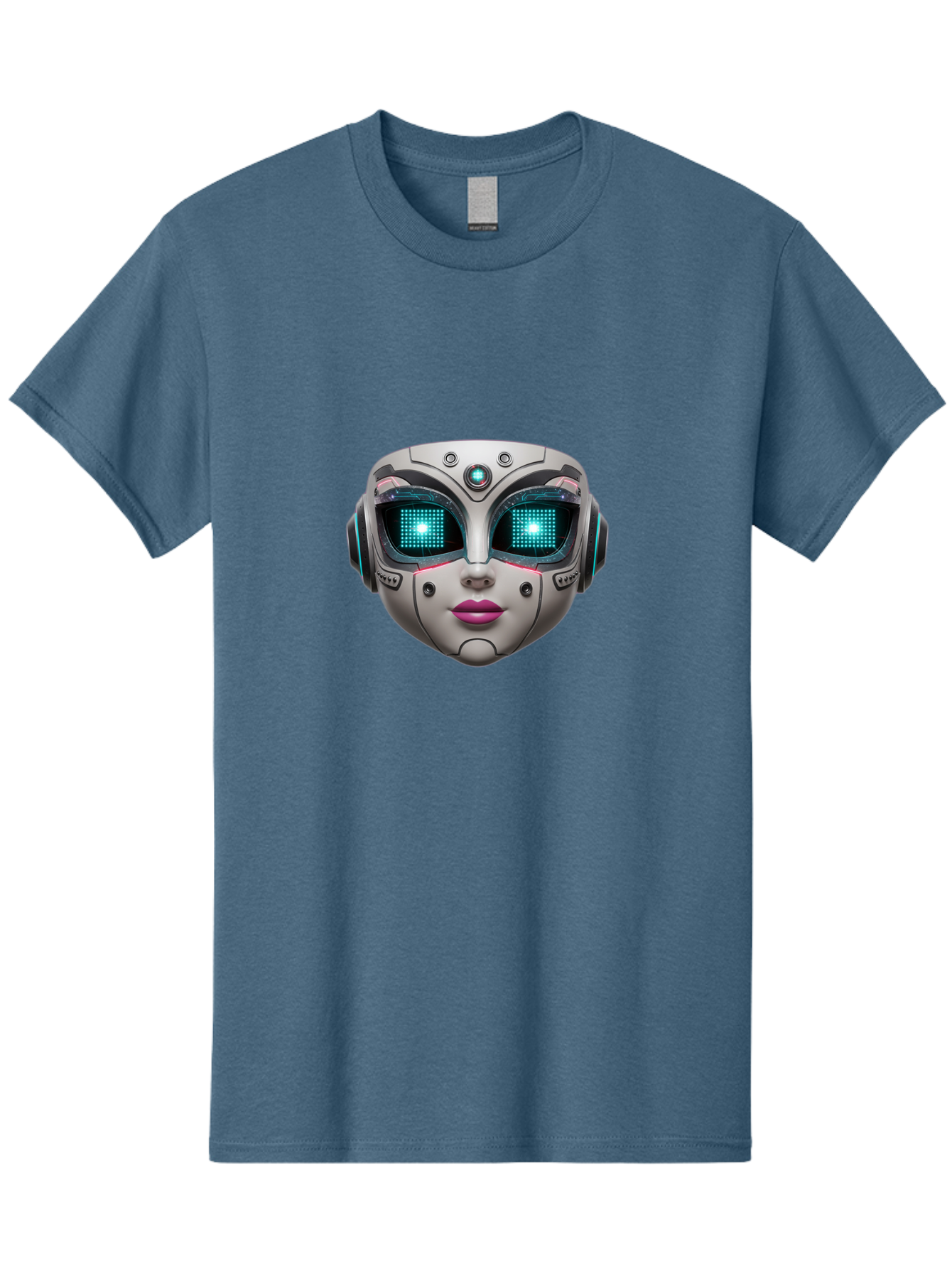 Female-Robot-Head Men'S Graphic Tee, 100% Cotton, Comfortable Casual Summer Wear, Machine Washable, Robotic Face, Futuristic Design, Glowing Blue Eyes, Metallic Sheen, Tech-Savvy, Artificial Intelligence, Cybernetic Enhancements, Bad087