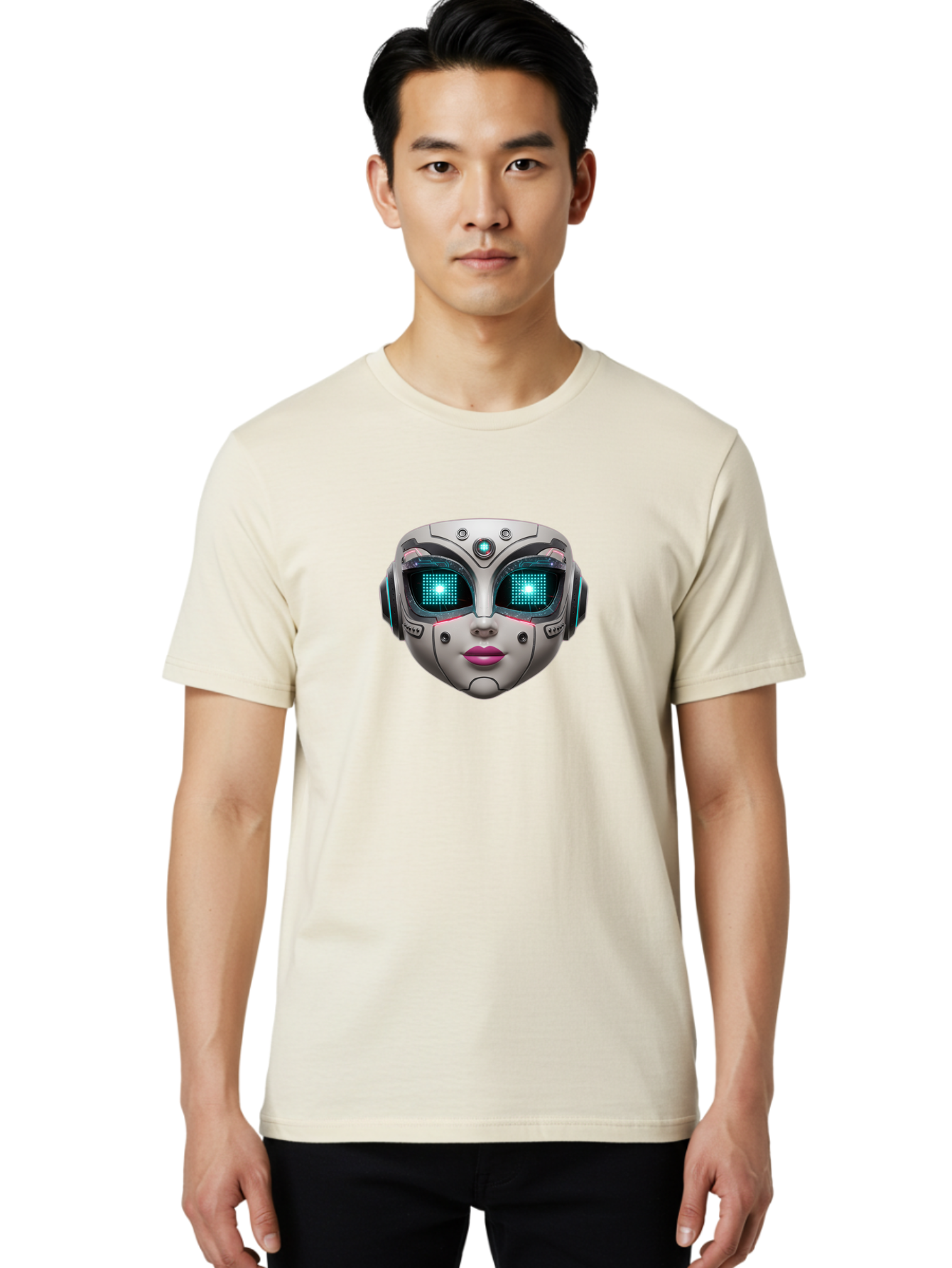 Female-Robot-Head Men'S Graphic Tee, 100% Cotton, Comfortable Casual Summer Wear, Machine Washable, Robotic Face, Futuristic Design, Glowing Blue Eyes, Metallic Sheen, Tech-Savvy, Artificial Intelligence, Cybernetic Enhancements, Bad087