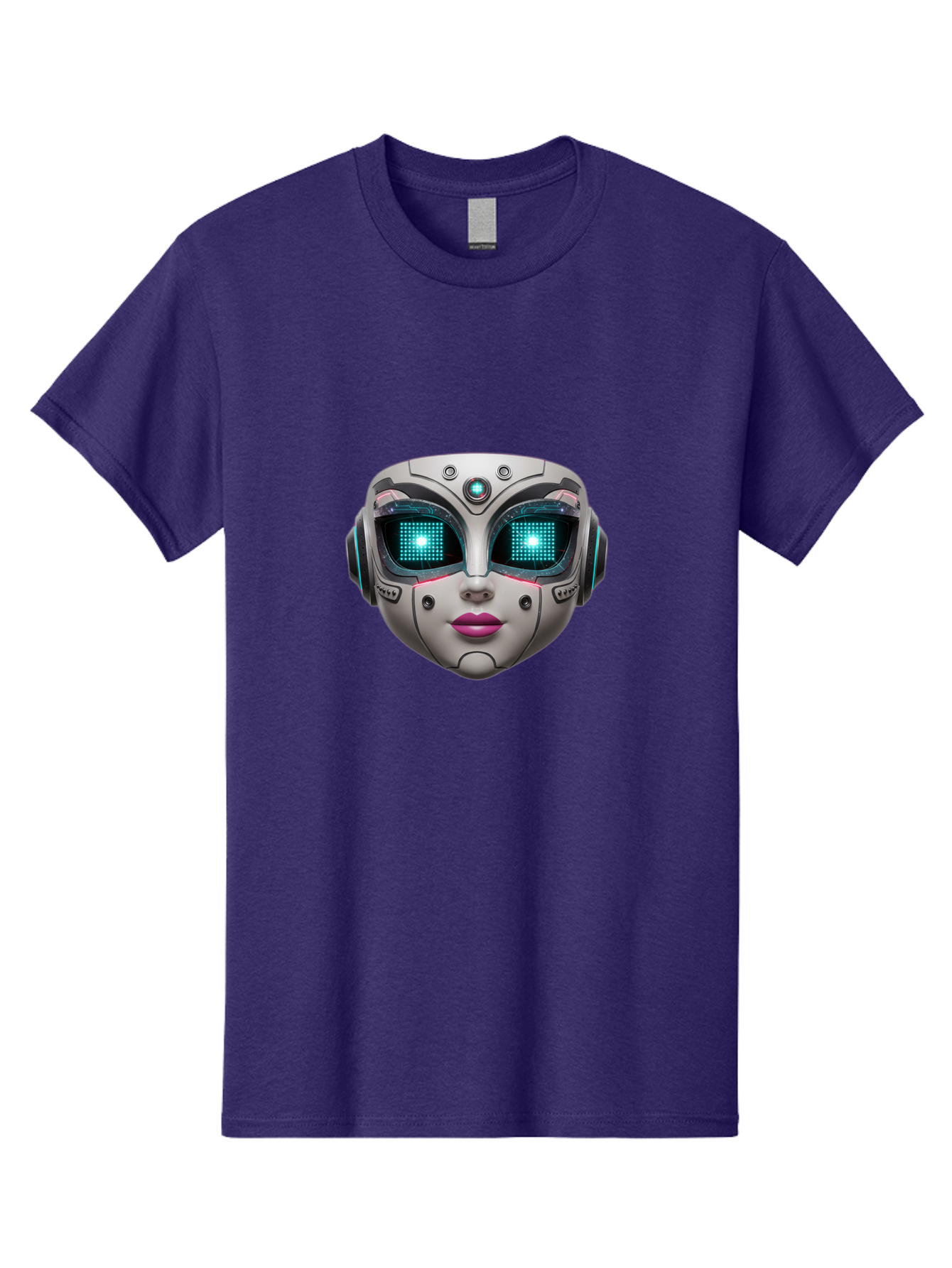 Female-Robot-Head Men'S Graphic Tee, 100% Cotton, Comfortable Casual Summer Wear, Machine Washable, Robotic Face, Futuristic Design, Glowing Blue Eyes, Metallic Sheen, Tech-Savvy, Artificial Intelligence, Cybernetic Enhancements, Bad087