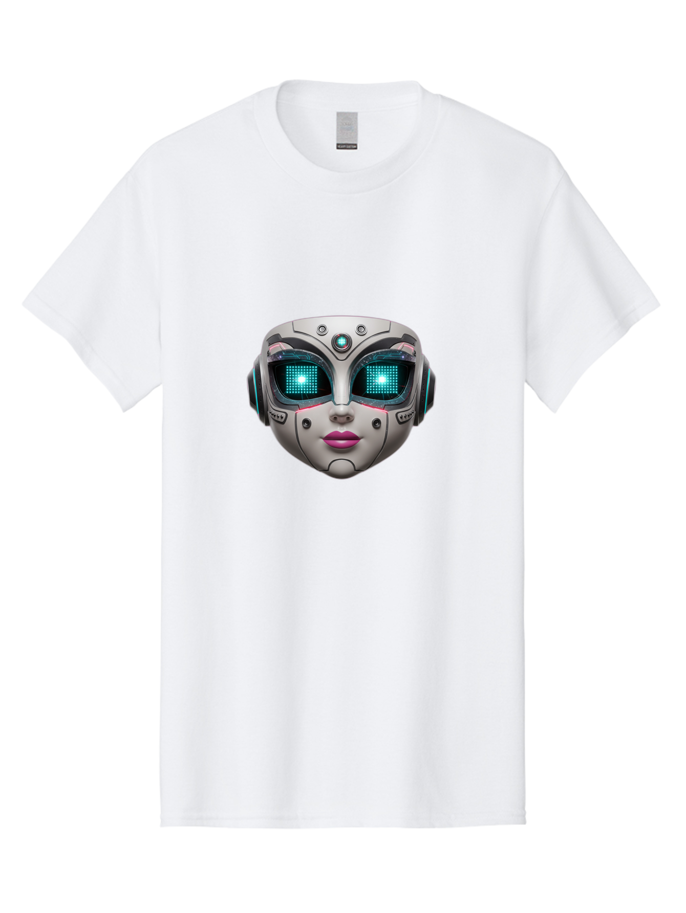 Female-Robot-Head Men'S Graphic Tee, 100% Cotton, Comfortable Casual Summer Wear, Machine Washable, Robotic Face, Futuristic Design, Glowing Blue Eyes, Metallic Sheen, Tech-Savvy, Artificial Intelligence, Cybernetic Enhancements, Bad087