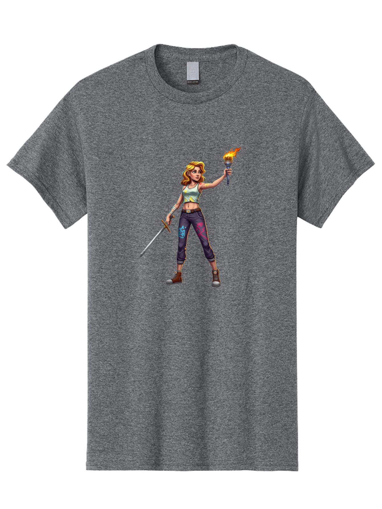 Female-Warrior Men'S Graphic Tee, 100% Cotton, Comfortable Casual Summer Wear, Machine Washable, Female Warrior, Sword And Torch, Strong Woman, Fierce Fighter, Blonde Hair, White Tank Top, Graffiti Pants, Combat Boots, Powerful Pose, Bad088