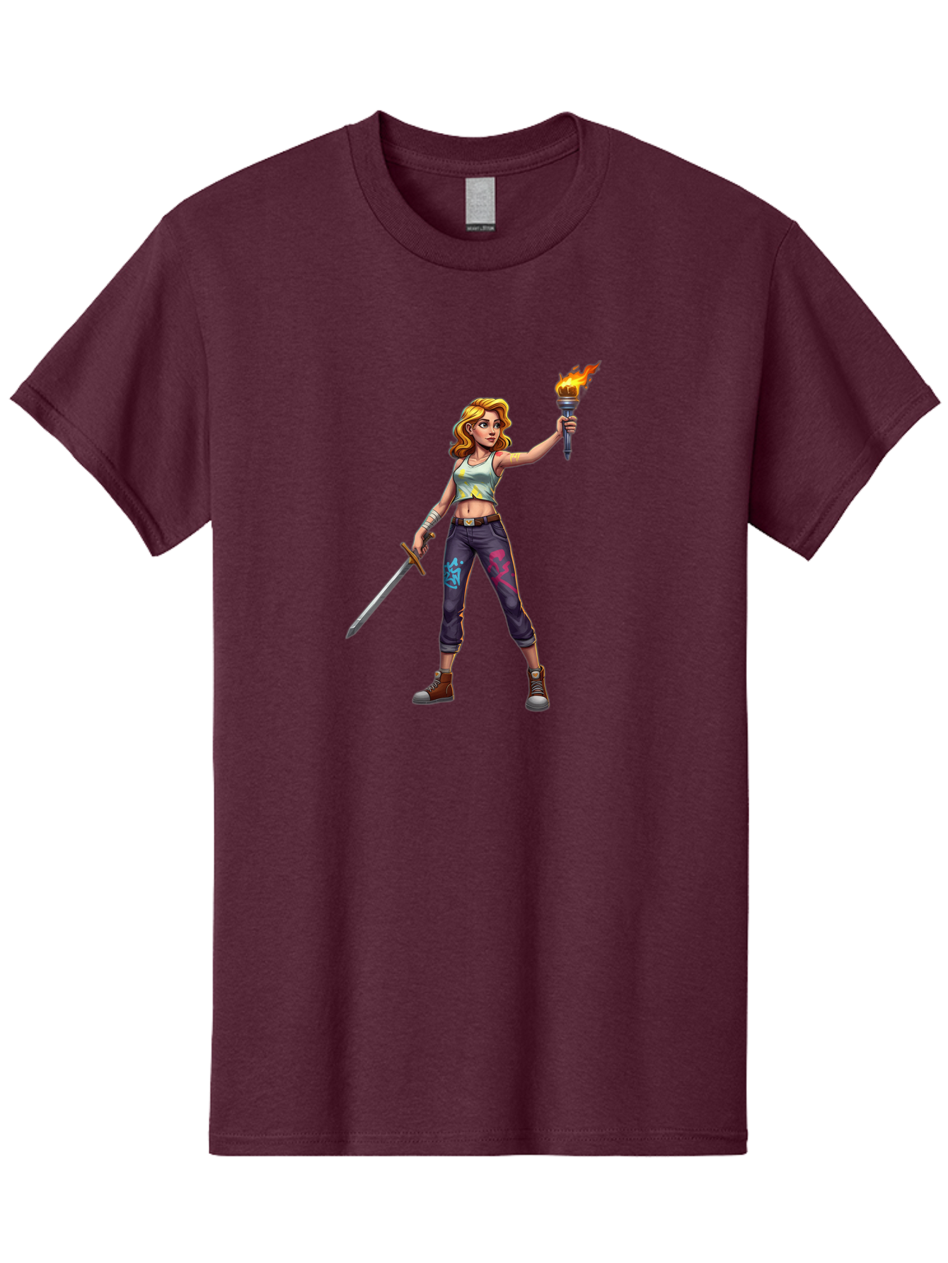 Female-Warrior Men'S Graphic Tee, 100% Cotton, Comfortable Casual Summer Wear, Machine Washable, Female Warrior, Sword And Torch, Strong Woman, Fierce Fighter, Blonde Hair, White Tank Top, Graffiti Pants, Combat Boots, Powerful Pose, Bad088