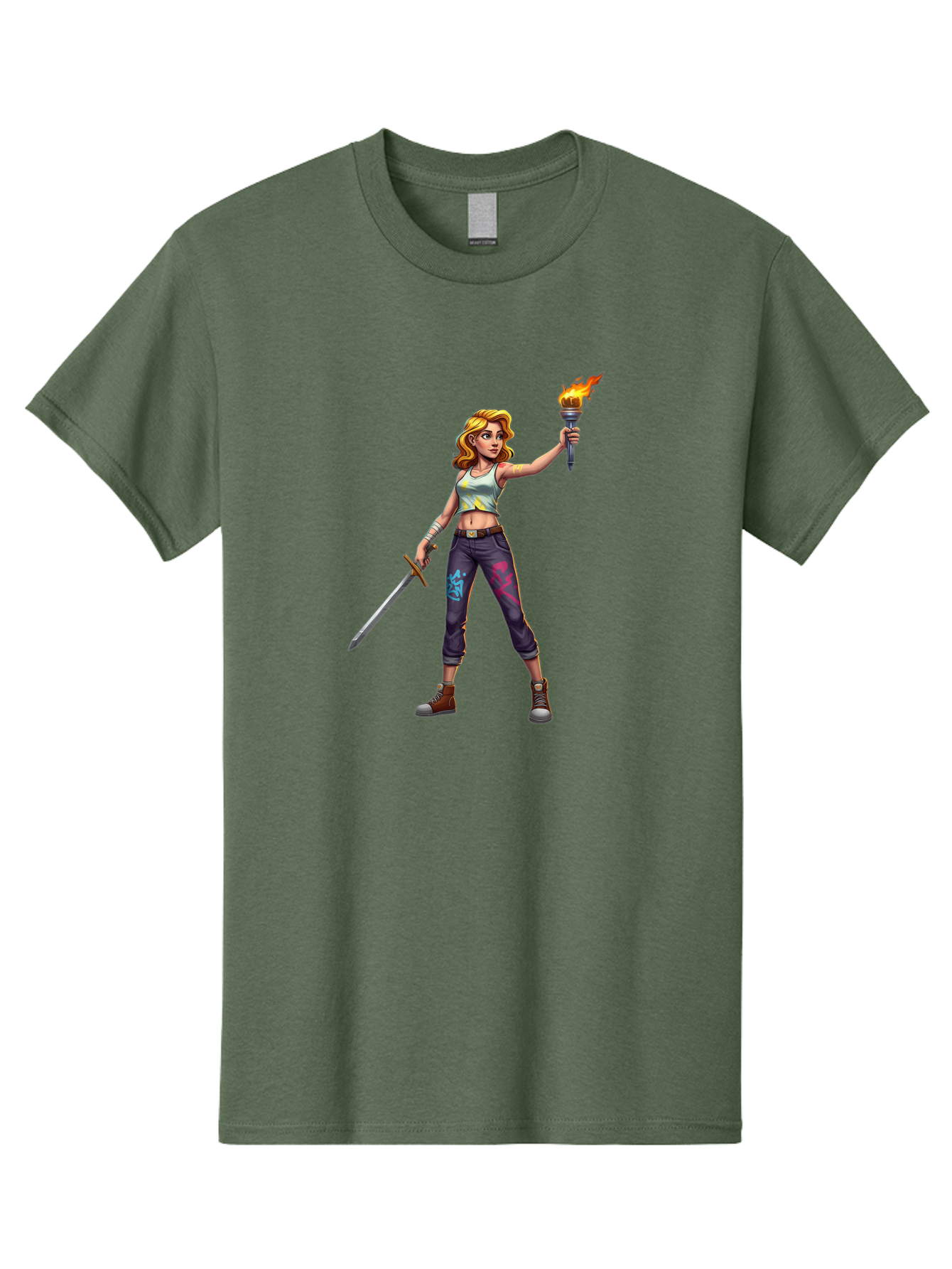 Female-Warrior Men'S Graphic Tee, 100% Cotton, Comfortable Casual Summer Wear, Machine Washable, Female Warrior, Sword And Torch, Strong Woman, Fierce Fighter, Blonde Hair, White Tank Top, Graffiti Pants, Combat Boots, Powerful Pose, Bad088