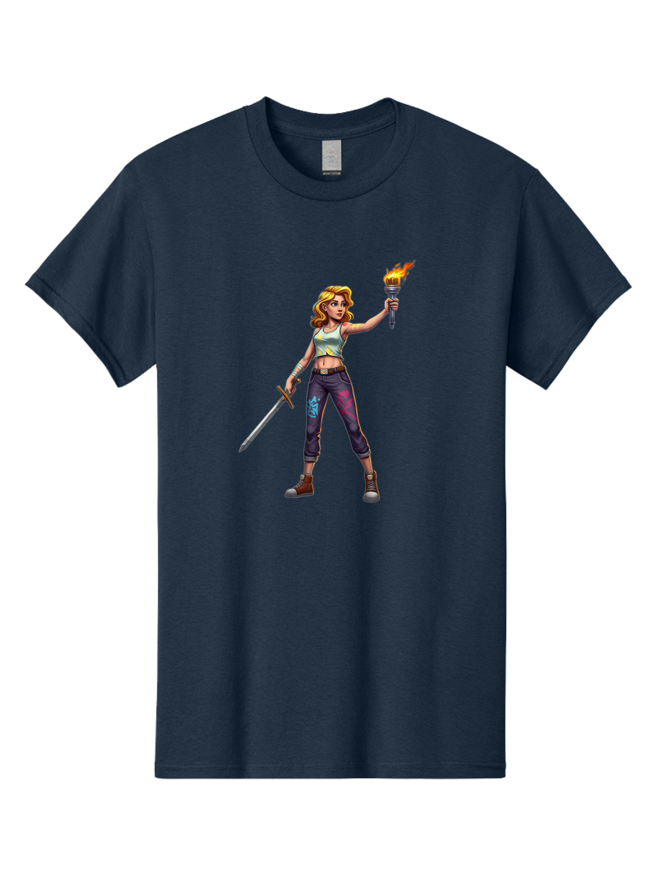 Female-Warrior Men'S Graphic Tee, 100% Cotton, Comfortable Casual Summer Wear, Machine Washable, Female Warrior, Sword And Torch, Strong Woman, Fierce Fighter, Blonde Hair, White Tank Top, Graffiti Pants, Combat Boots, Powerful Pose, Bad088