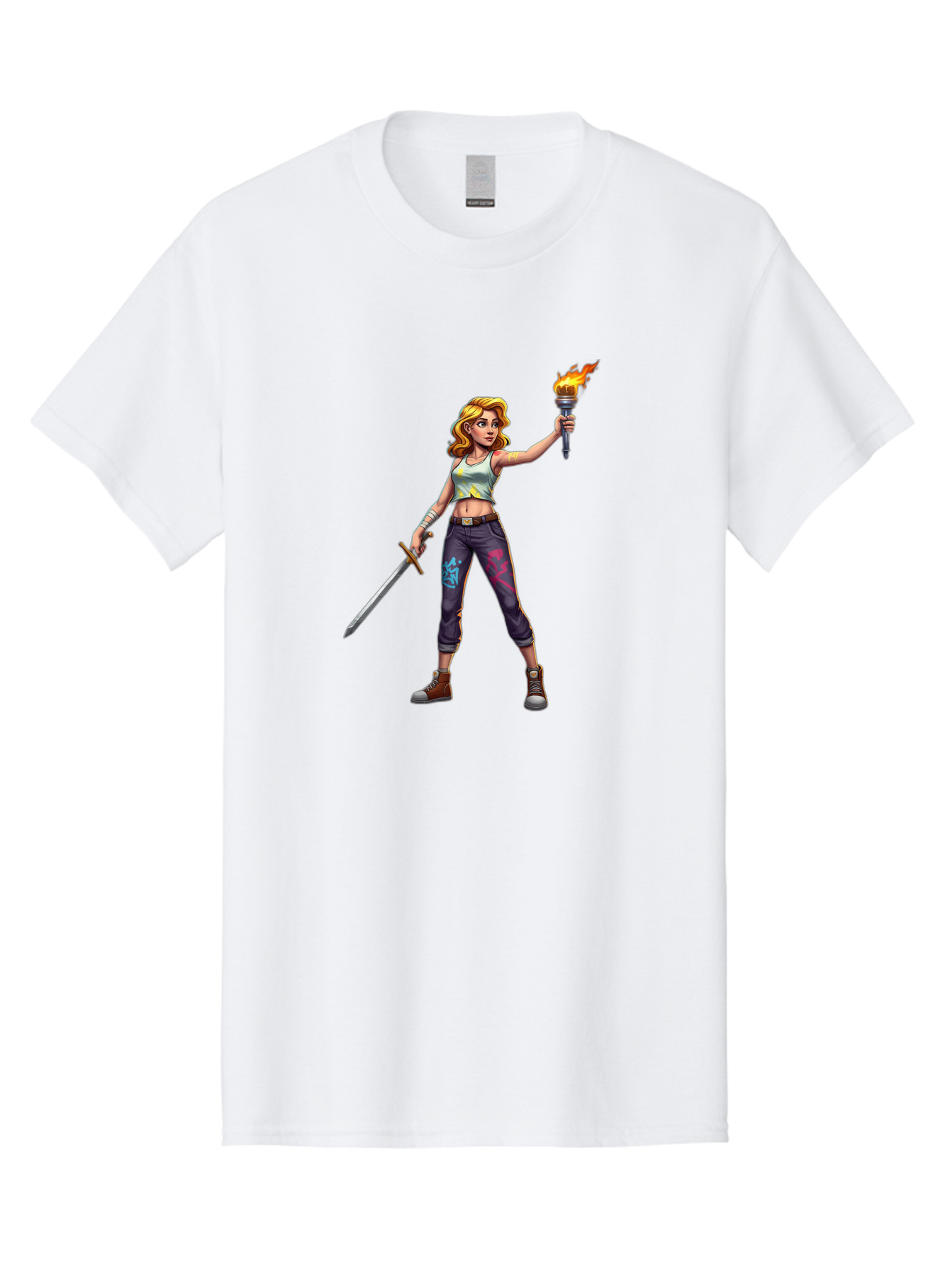 Female-Warrior Men'S Graphic Tee, 100% Cotton, Comfortable Casual Summer Wear, Machine Washable, Female Warrior, Sword And Torch, Strong Woman, Fierce Fighter, Blonde Hair, White Tank Top, Graffiti Pants, Combat Boots, Powerful Pose, Bad088