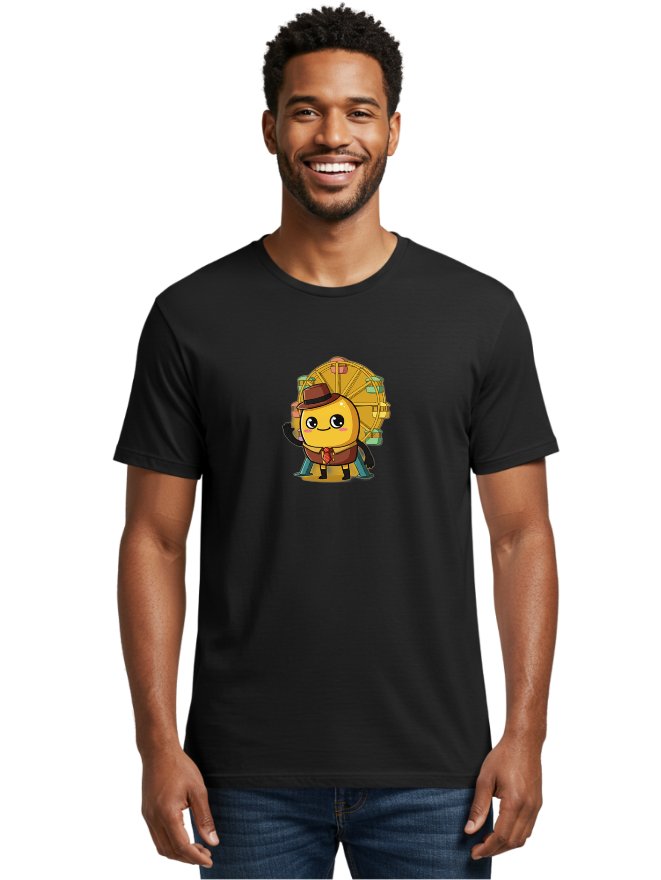 Ferris-Wheel-Potato Men'S Graphic Tee, 100% Cotton, Comfortable Casual Summer Wear, Machine Washable, Cartoon Emoji, Smiling Face, Waving Hand, Ferris Wheel, Carnival Theme, Amusement Park, Playful Character, Happy Expression, Bad089