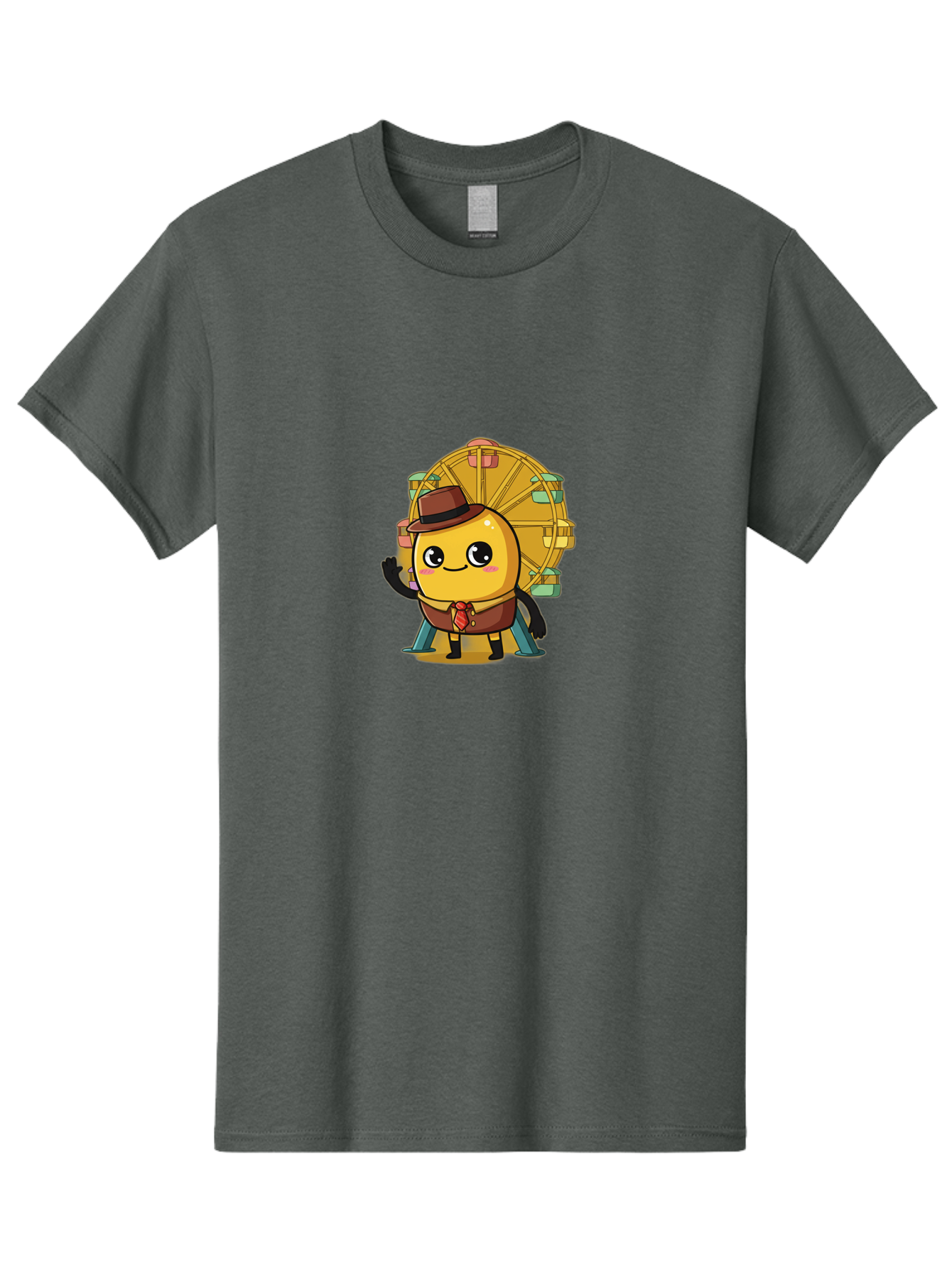 Ferris-Wheel-Potato Men'S Graphic Tee, 100% Cotton, Comfortable Casual Summer Wear, Machine Washable, Cartoon Emoji, Smiling Face, Waving Hand, Ferris Wheel, Carnival Theme, Amusement Park, Playful Character, Happy Expression, Bad089