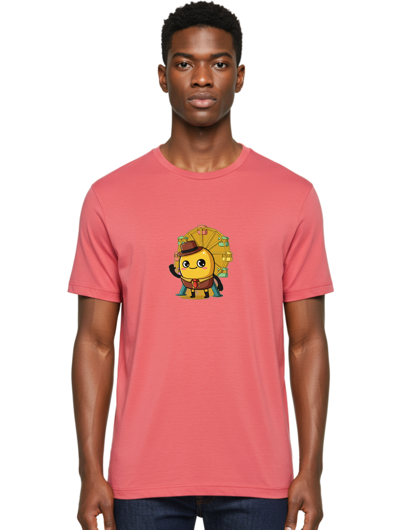 Ferris-Wheel-Potato Men'S Graphic Tee, 100% Cotton, Comfortable Casual Summer Wear, Machine Washable, Cartoon Emoji, Smiling Face, Waving Hand, Ferris Wheel, Carnival Theme, Amusement Park, Playful Character, Happy Expression, Bad089