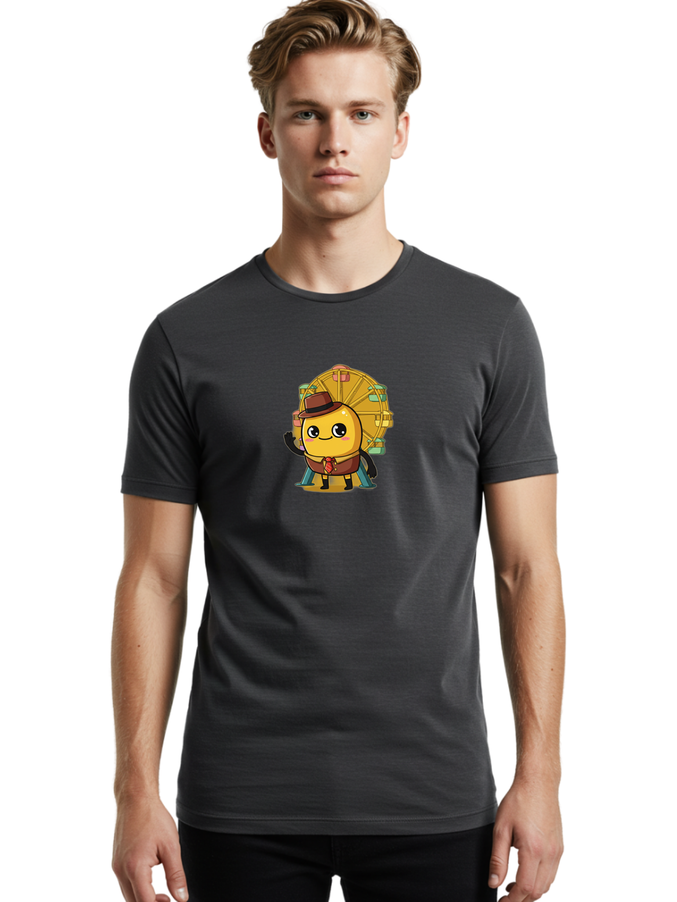 Ferris-Wheel-Potato Men'S Graphic Tee, 100% Cotton, Comfortable Casual Summer Wear, Machine Washable, Cartoon Emoji, Smiling Face, Waving Hand, Ferris Wheel, Carnival Theme, Amusement Park, Playful Character, Happy Expression, Bad089