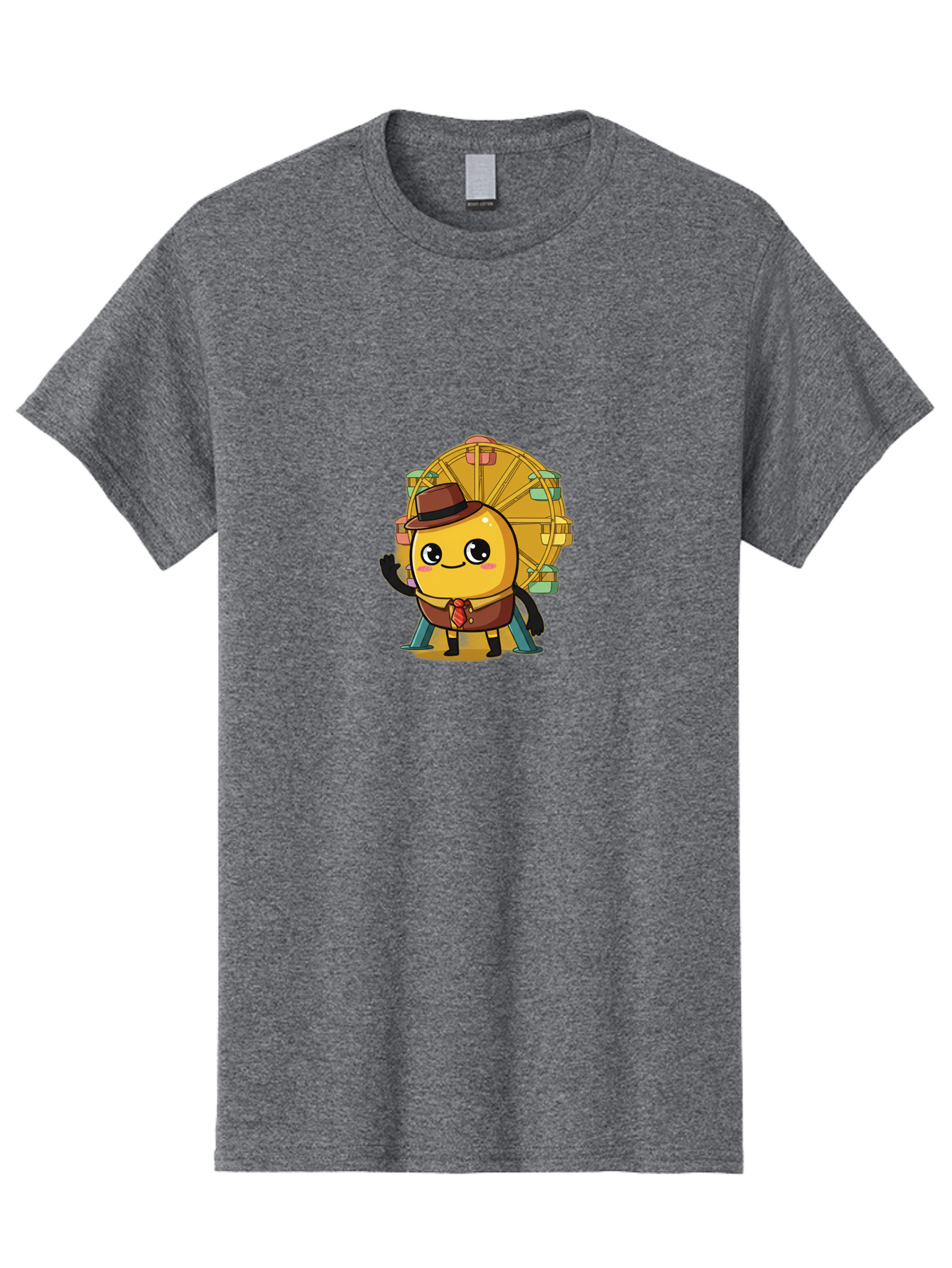 Ferris-Wheel-Potato Men'S Graphic Tee, 100% Cotton, Comfortable Casual Summer Wear, Machine Washable, Cartoon Emoji, Smiling Face, Waving Hand, Ferris Wheel, Carnival Theme, Amusement Park, Playful Character, Happy Expression, Bad089