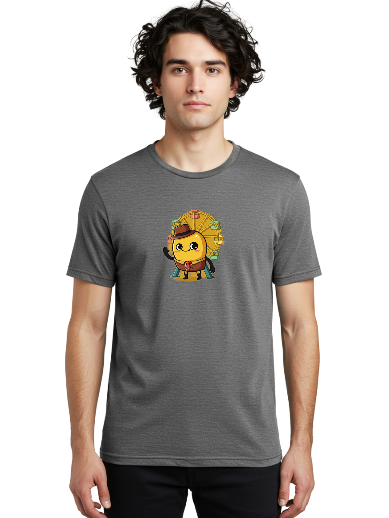 Ferris-Wheel-Potato Men'S Graphic Tee, 100% Cotton, Comfortable Casual Summer Wear, Machine Washable, Cartoon Emoji, Smiling Face, Waving Hand, Ferris Wheel, Carnival Theme, Amusement Park, Playful Character, Happy Expression, Bad089