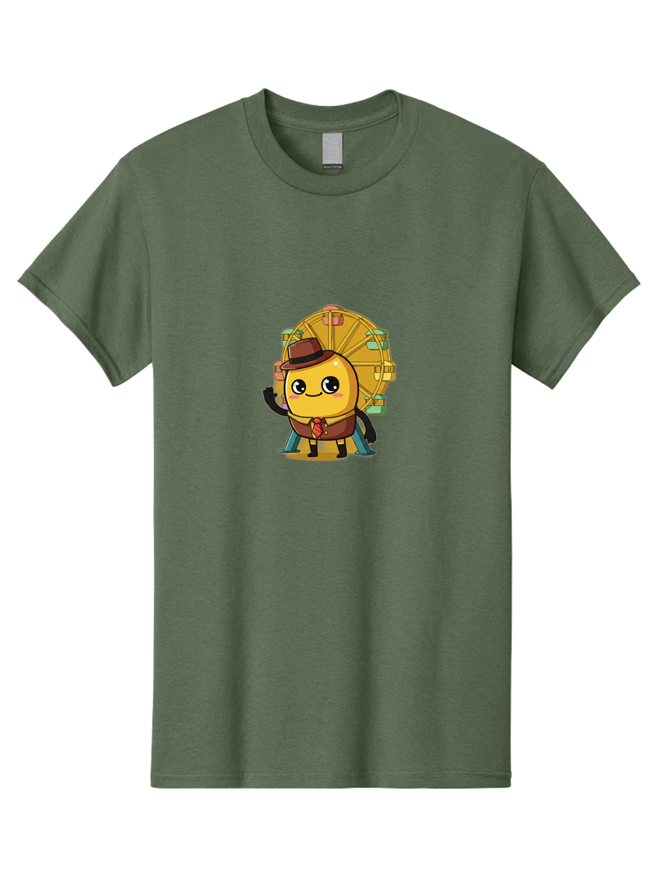 Ferris-Wheel-Potato Men'S Graphic Tee, 100% Cotton, Comfortable Casual Summer Wear, Machine Washable, Cartoon Emoji, Smiling Face, Waving Hand, Ferris Wheel, Carnival Theme, Amusement Park, Playful Character, Happy Expression, Bad089