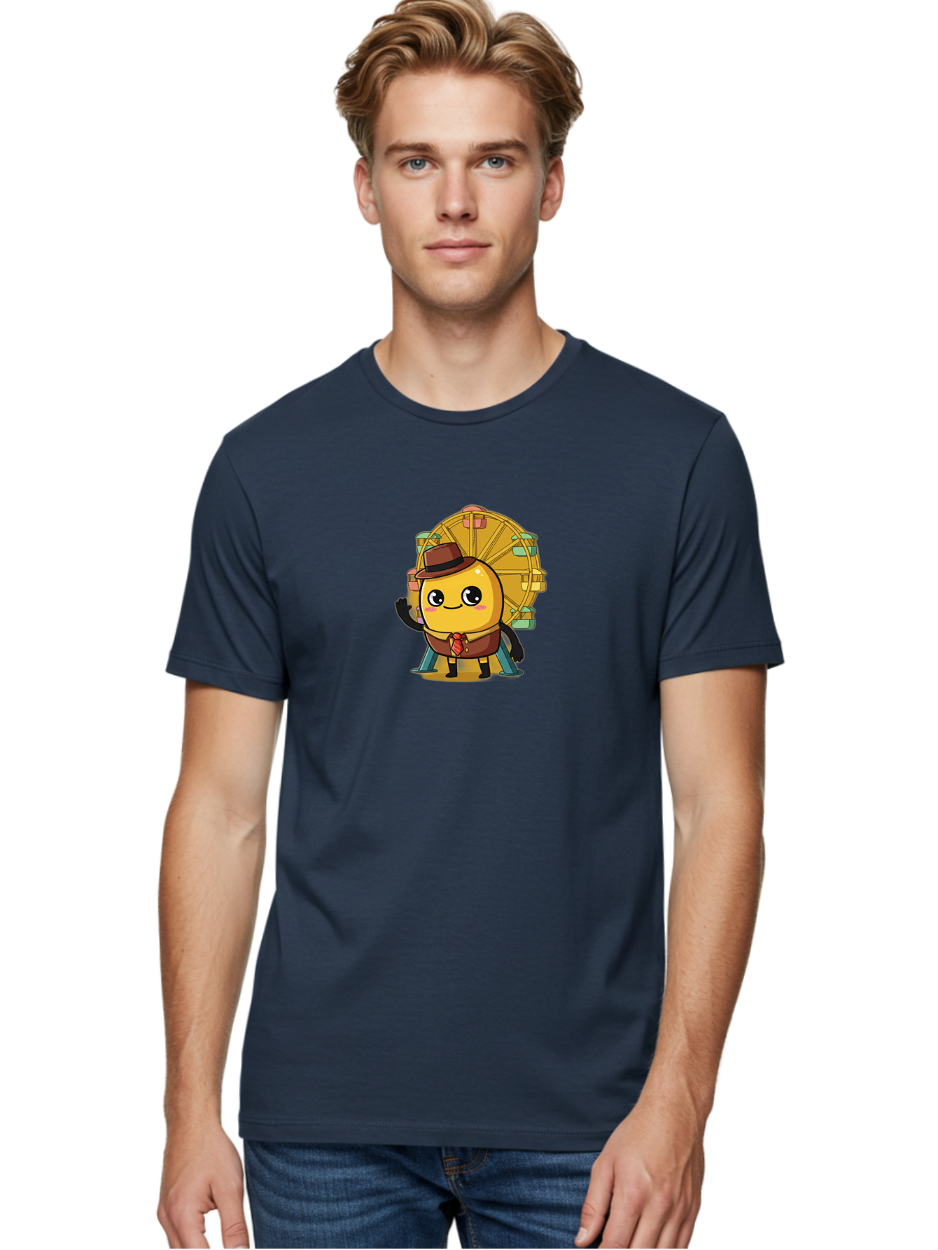 Ferris-Wheel-Potato Men'S Graphic Tee, 100% Cotton, Comfortable Casual Summer Wear, Machine Washable, Cartoon Emoji, Smiling Face, Waving Hand, Ferris Wheel, Carnival Theme, Amusement Park, Playful Character, Happy Expression, Bad089