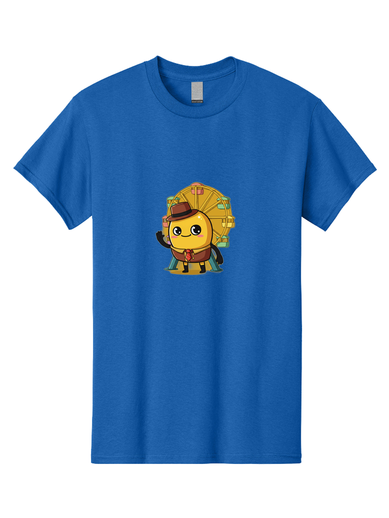 Ferris-Wheel-Potato Men'S Graphic Tee, 100% Cotton, Comfortable Casual Summer Wear, Machine Washable, Cartoon Emoji, Smiling Face, Waving Hand, Ferris Wheel, Carnival Theme, Amusement Park, Playful Character, Happy Expression, Bad089