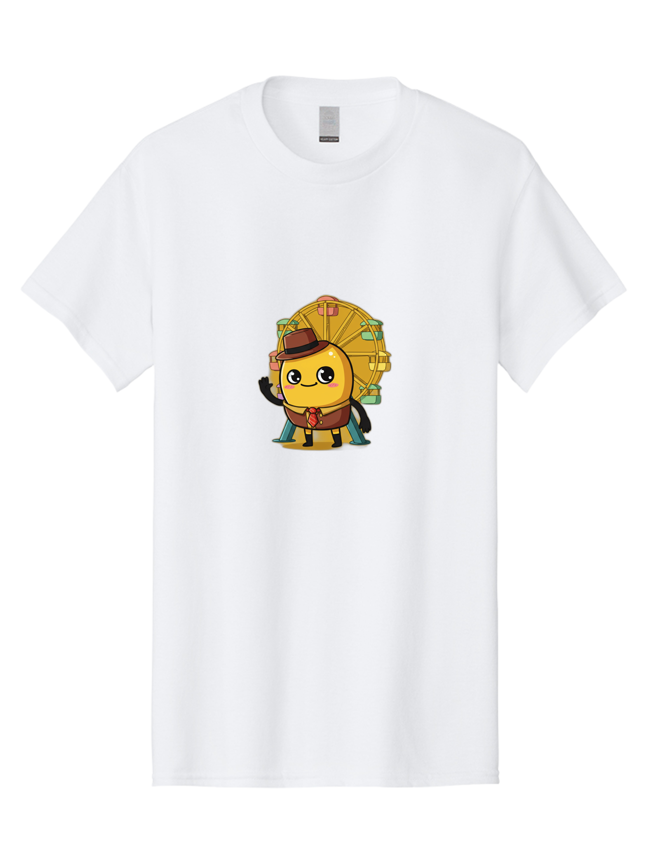 Ferris-Wheel-Potato Men'S Graphic Tee, 100% Cotton, Comfortable Casual Summer Wear, Machine Washable, Cartoon Emoji, Smiling Face, Waving Hand, Ferris Wheel, Carnival Theme, Amusement Park, Playful Character, Happy Expression, Bad089