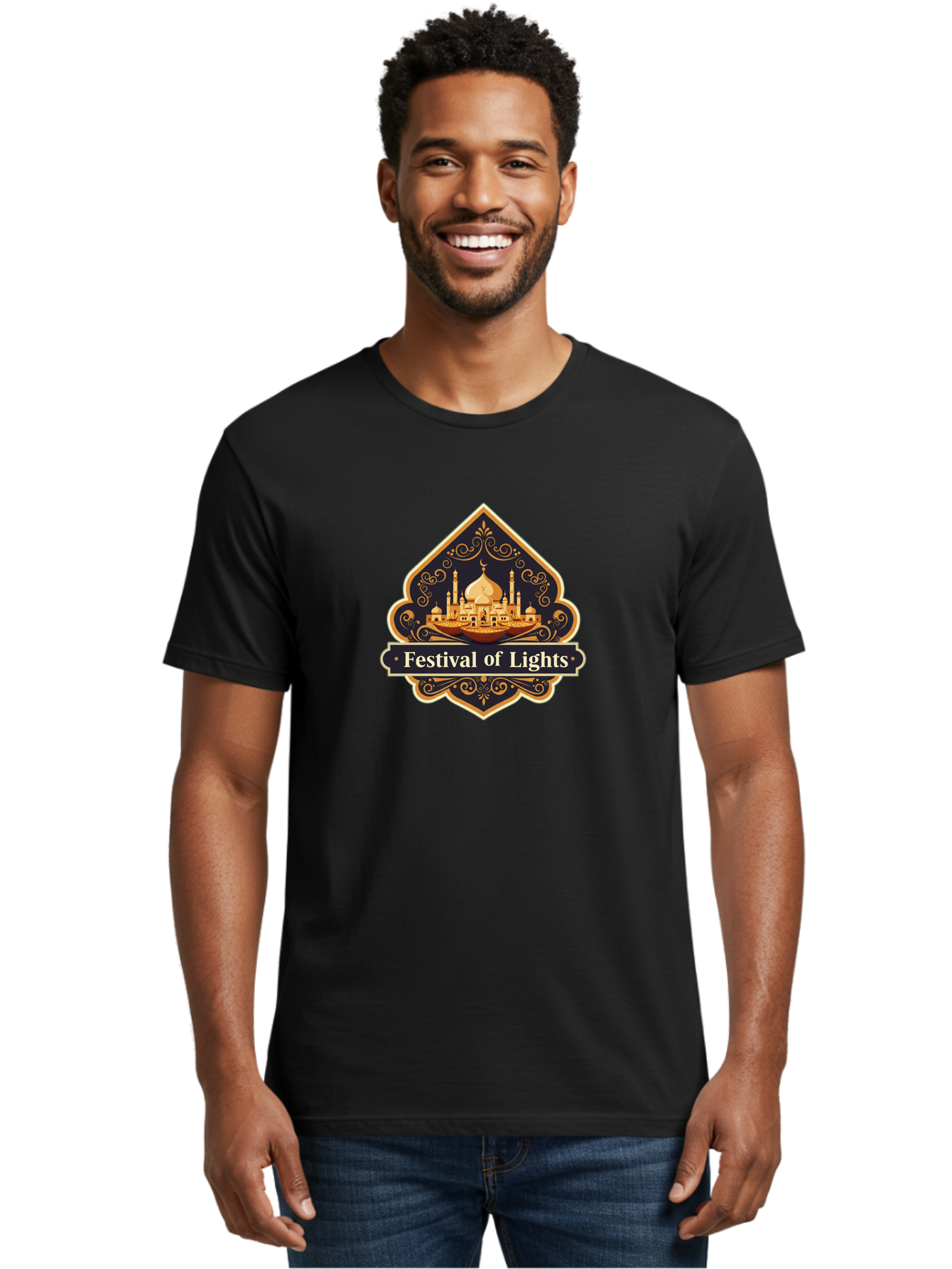 Festival-Of-Lights Men'S Graphic Tee, 100% Cotton, Comfortable Casual Summer Wear, Machine Washable, Mosque, Islamic Architecture, Golden Domes, Minarets, Crescent Moon, Intricate Designs, Ornate Details, Festival Celebration, Bad091