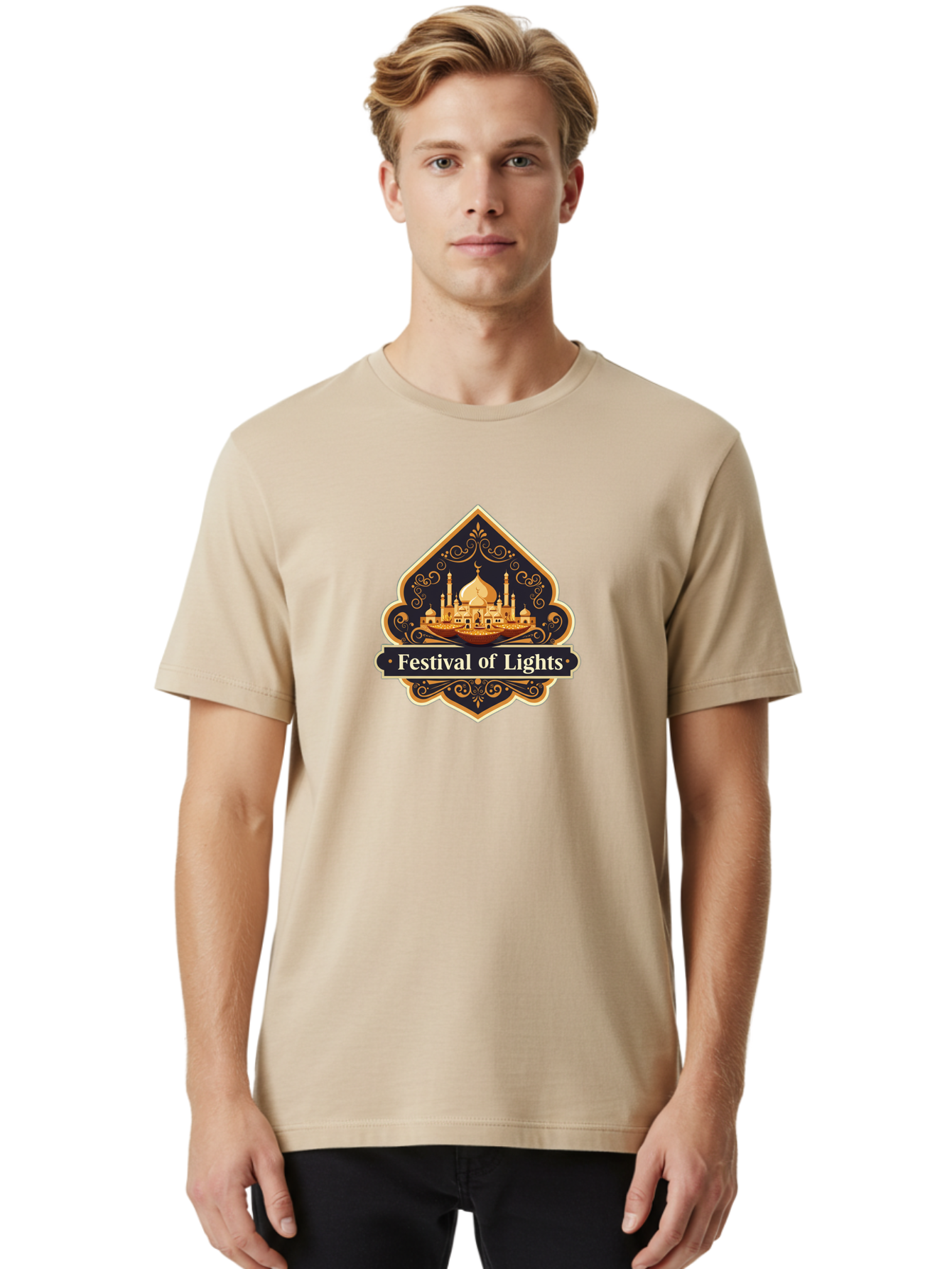 Festival-Of-Lights Men'S Graphic Tee, 100% Cotton, Comfortable Casual Summer Wear, Machine Washable, Mosque, Islamic Architecture, Golden Domes, Minarets, Crescent Moon, Intricate Designs, Ornate Details, Festival Celebration, Bad091