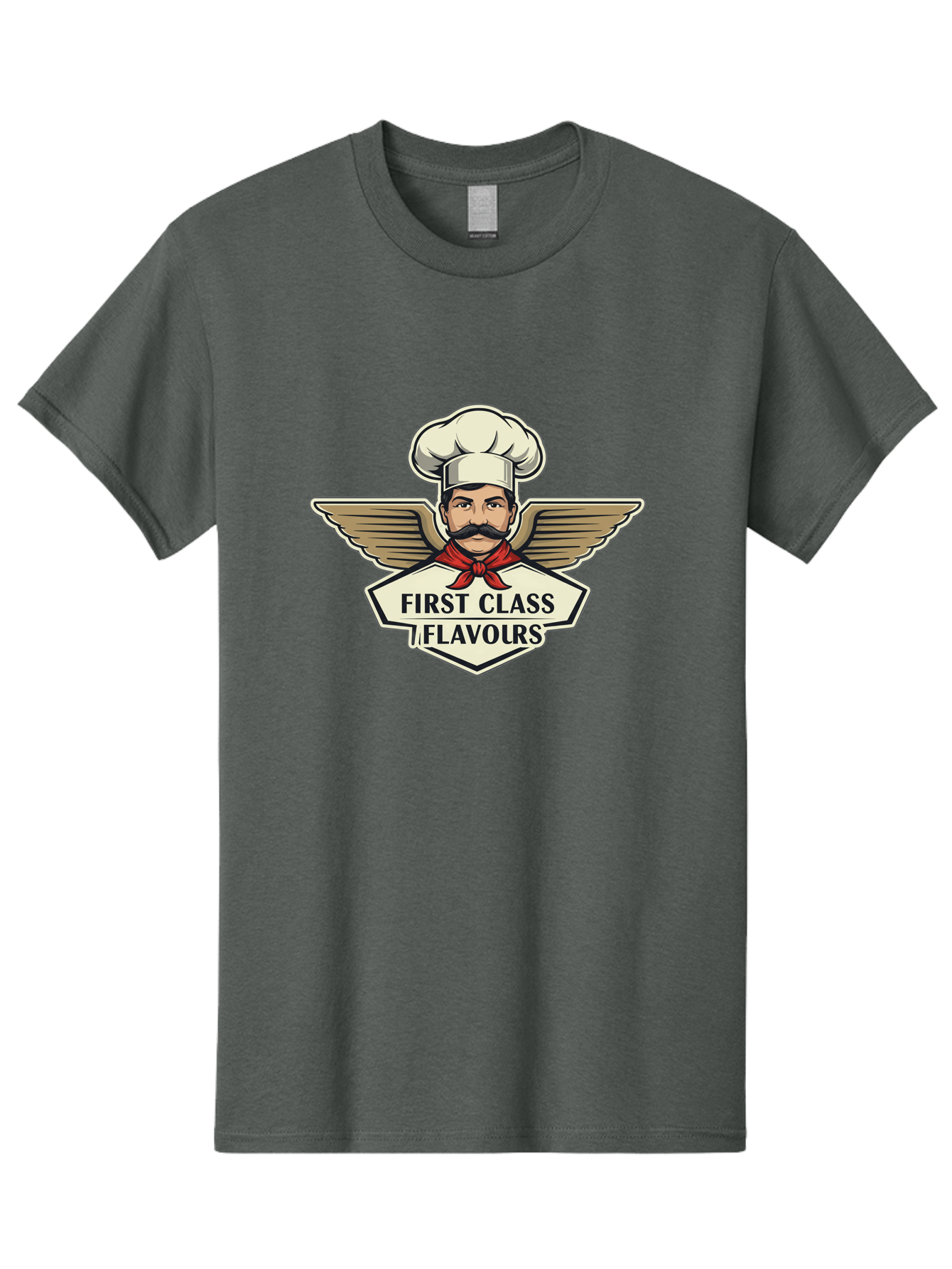 First-Class-Flavours Men'S Graphic Tee, 100% Cotton, Comfortable Casual Summer Wear, Machine Washable, Chef With Wings, Gourmet Cuisine, Fine Dining, Chef'S Hat, Red Neckerchief, Mustache, Luxurious Food, High-End Flavors, Culinary Excellence Bad095