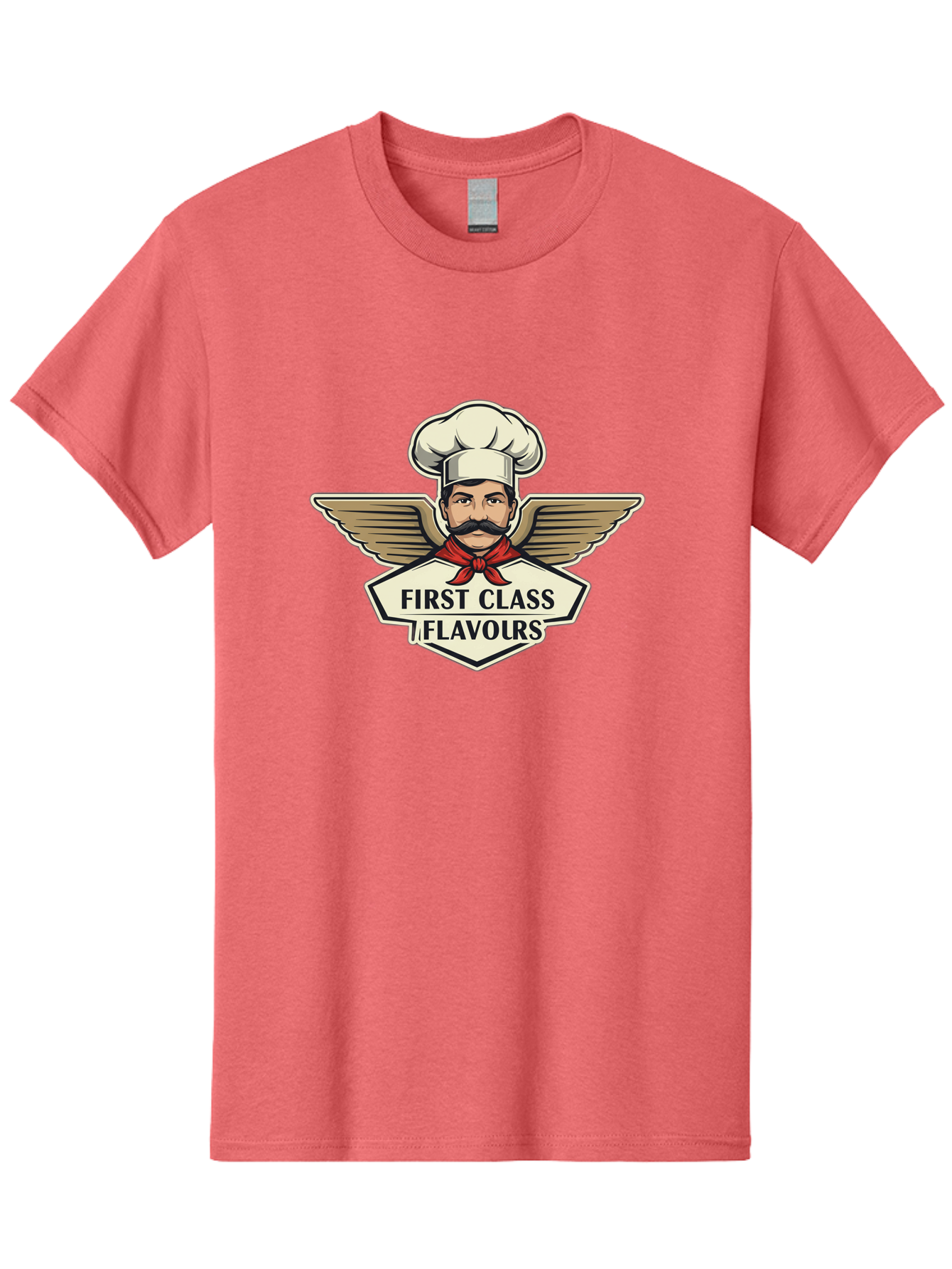 First-Class-Flavours Men'S Graphic Tee, 100% Cotton, Comfortable Casual Summer Wear, Machine Washable, Chef With Wings, Gourmet Cuisine, Fine Dining, Chef'S Hat, Red Neckerchief, Mustache, Luxurious Food, High-End Flavors, Culinary Excellence Bad095